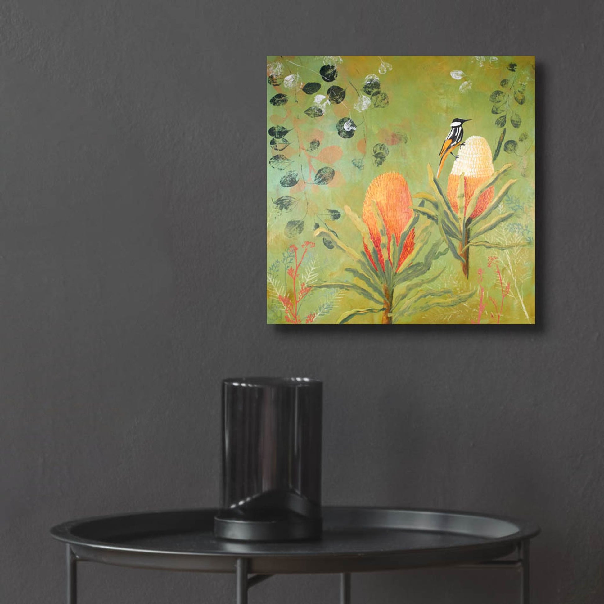 Epic Art ' New Holland Honeyeater upon the Victoria' by Trudy Rice, Acrylic Glass Wall Art,12x12