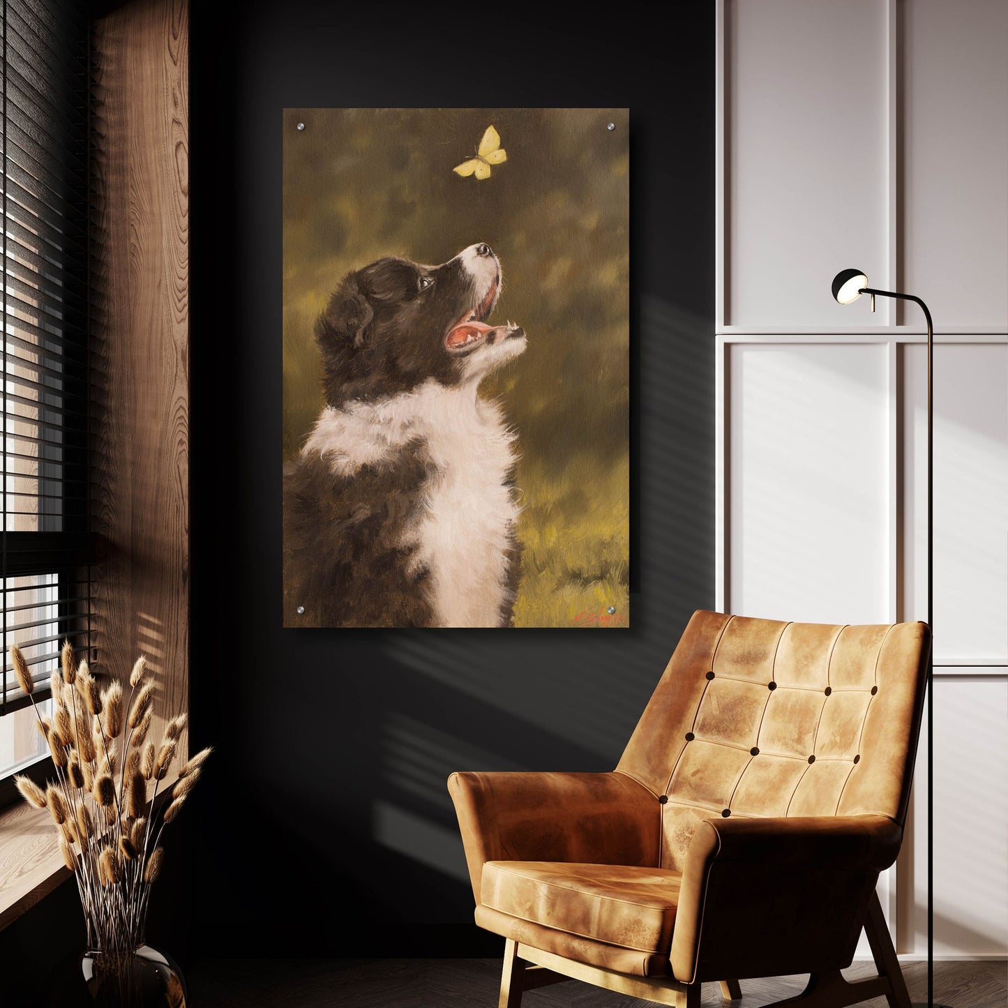 Epic Art 'Collie the Butterfly's Friend' by John Silver, Acrylic Glass Wall Art,24x36