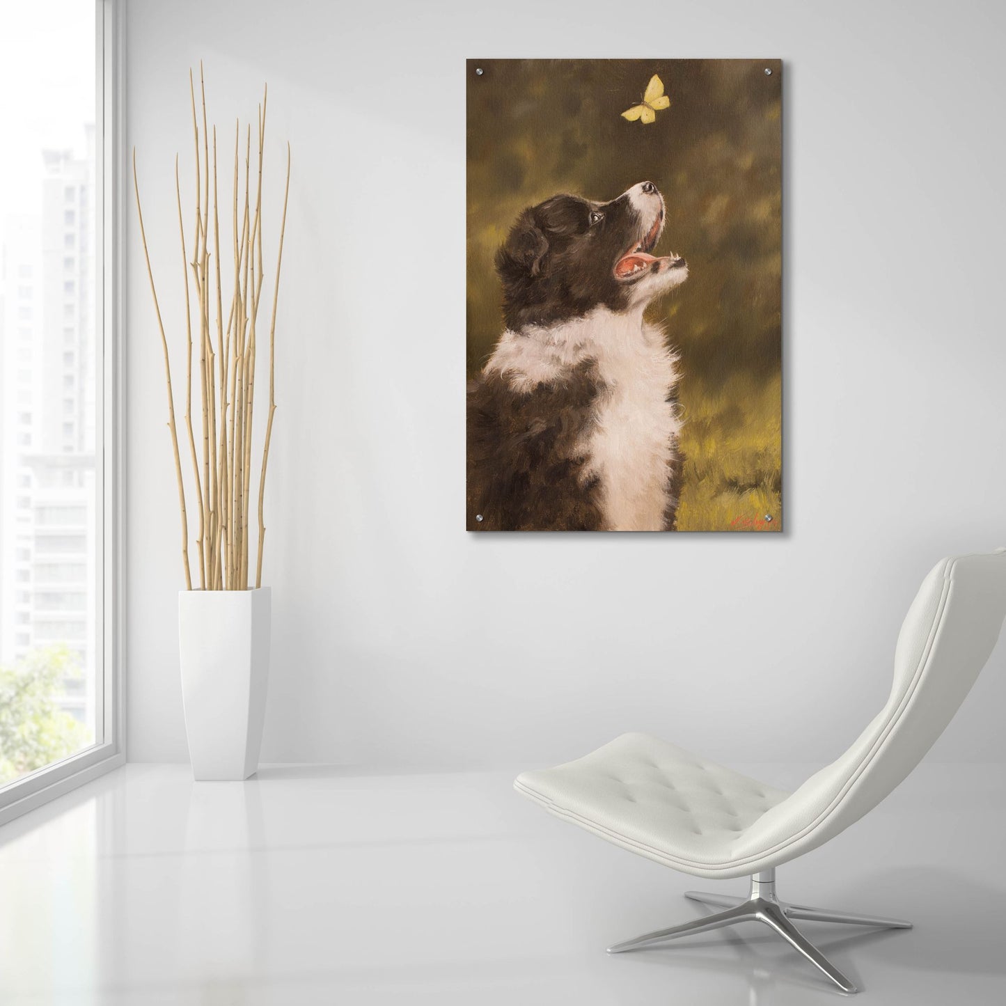 Epic Art 'Collie the Butterfly's Friend' by John Silver, Acrylic Glass Wall Art,24x36