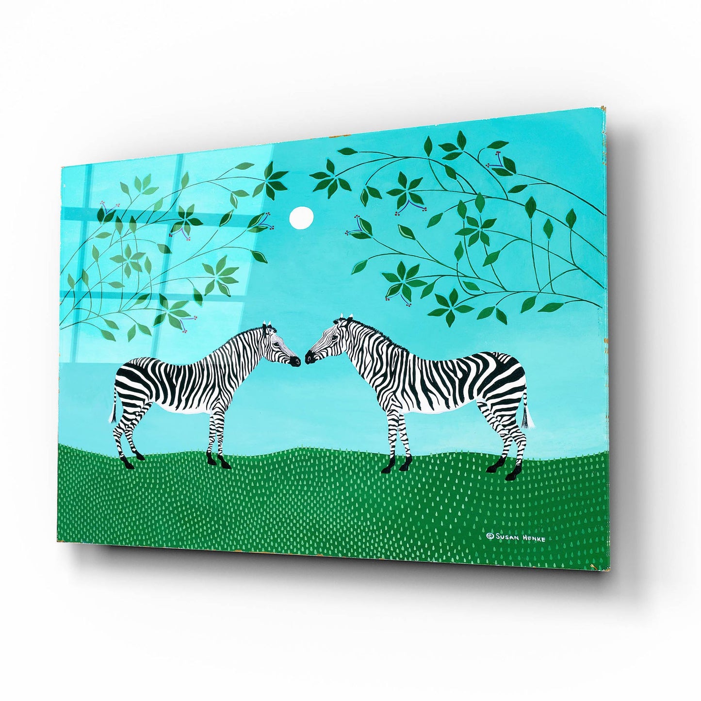 Epic Art 'Zebras under an Early Moon' by Susan Henke Fine Art, Acrylic Glass Wall Art,16x12