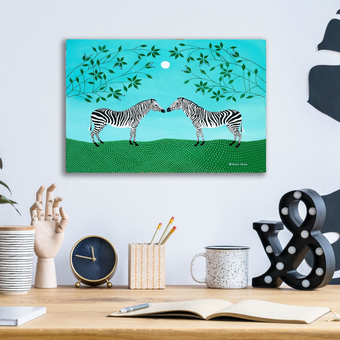 Epic Art 'Zebras under an Early Moon' by Susan Henke Fine Art, Acrylic Glass Wall Art,16x12