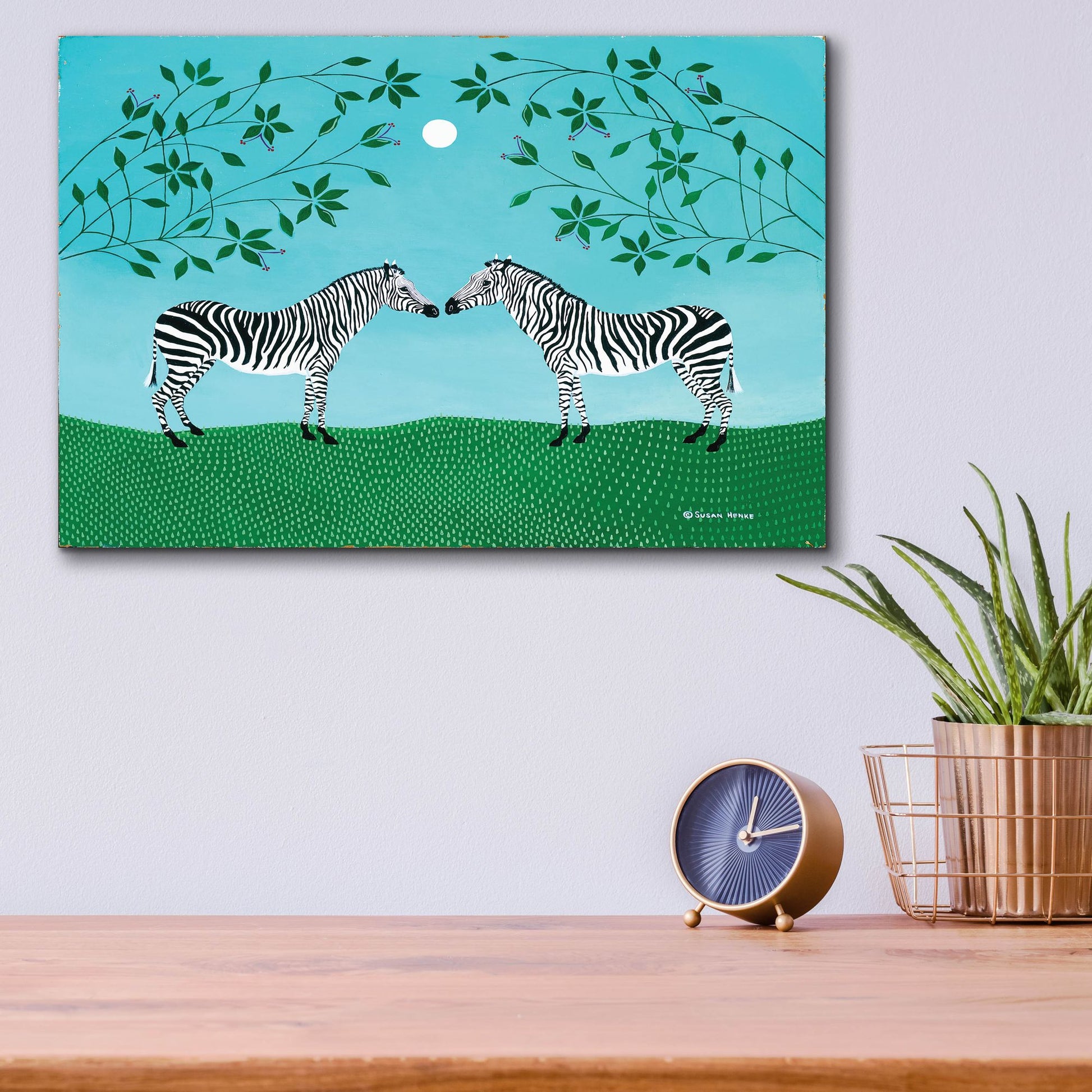 Epic Art 'Zebras under an Early Moon' by Susan Henke Fine Art, Acrylic Glass Wall Art,16x12