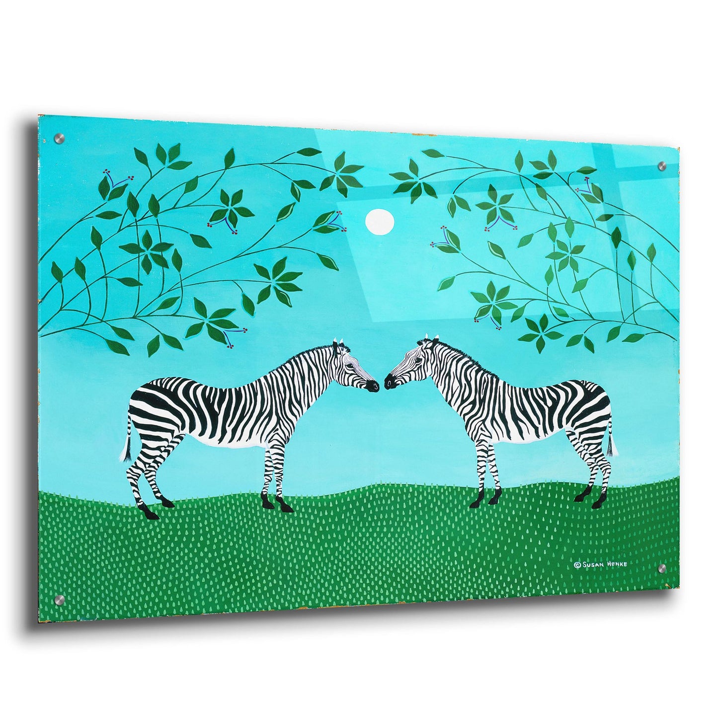 Epic Art 'Zebras under an Early Moon' by Susan Henke Fine Art, Acrylic Glass Wall Art,36x24