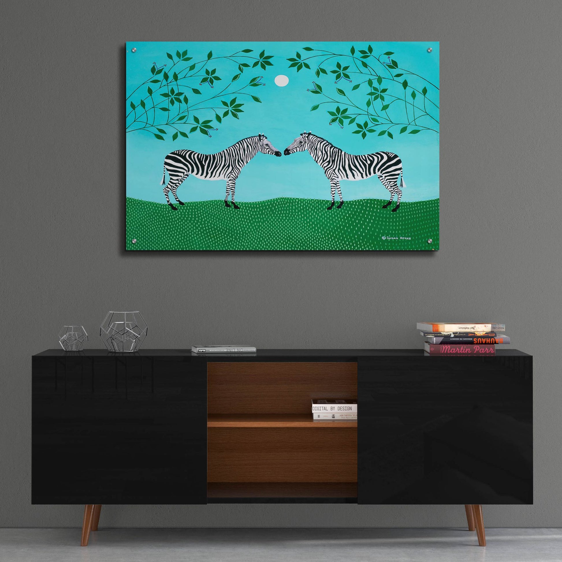 Epic Art 'Zebras under an Early Moon' by Susan Henke Fine Art, Acrylic Glass Wall Art,36x24