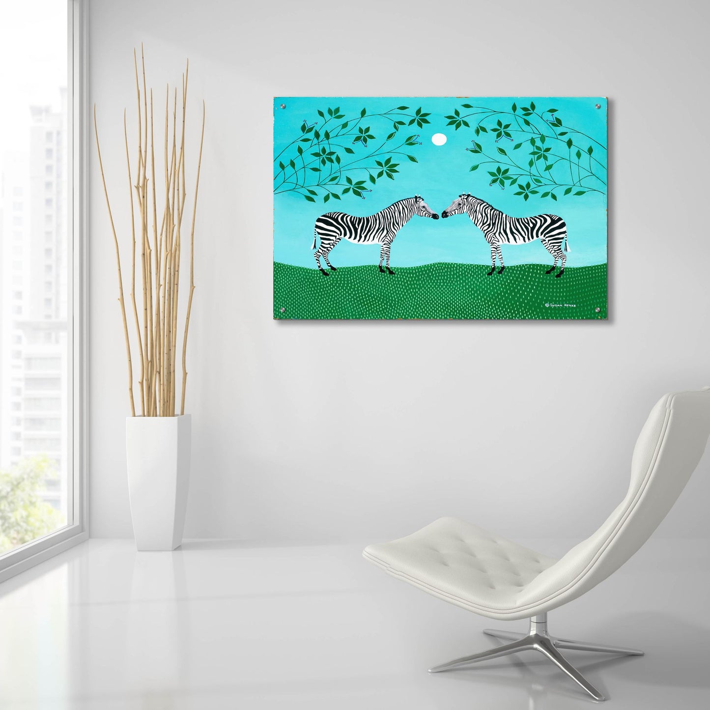 Epic Art 'Zebras under an Early Moon' by Susan Henke Fine Art, Acrylic Glass Wall Art,36x24