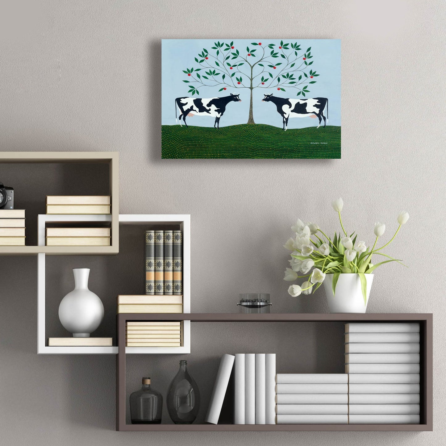 Epic Art 'Apple Tree Cows' by Susan Henke Fine Art, Acrylic Glass Wall Art,24x16