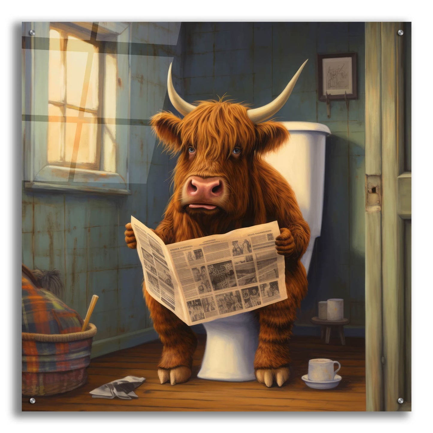 Epic Art 'Highland Cow on Toilet' by Epic Portfolio, Acrylic Glass Wall Art