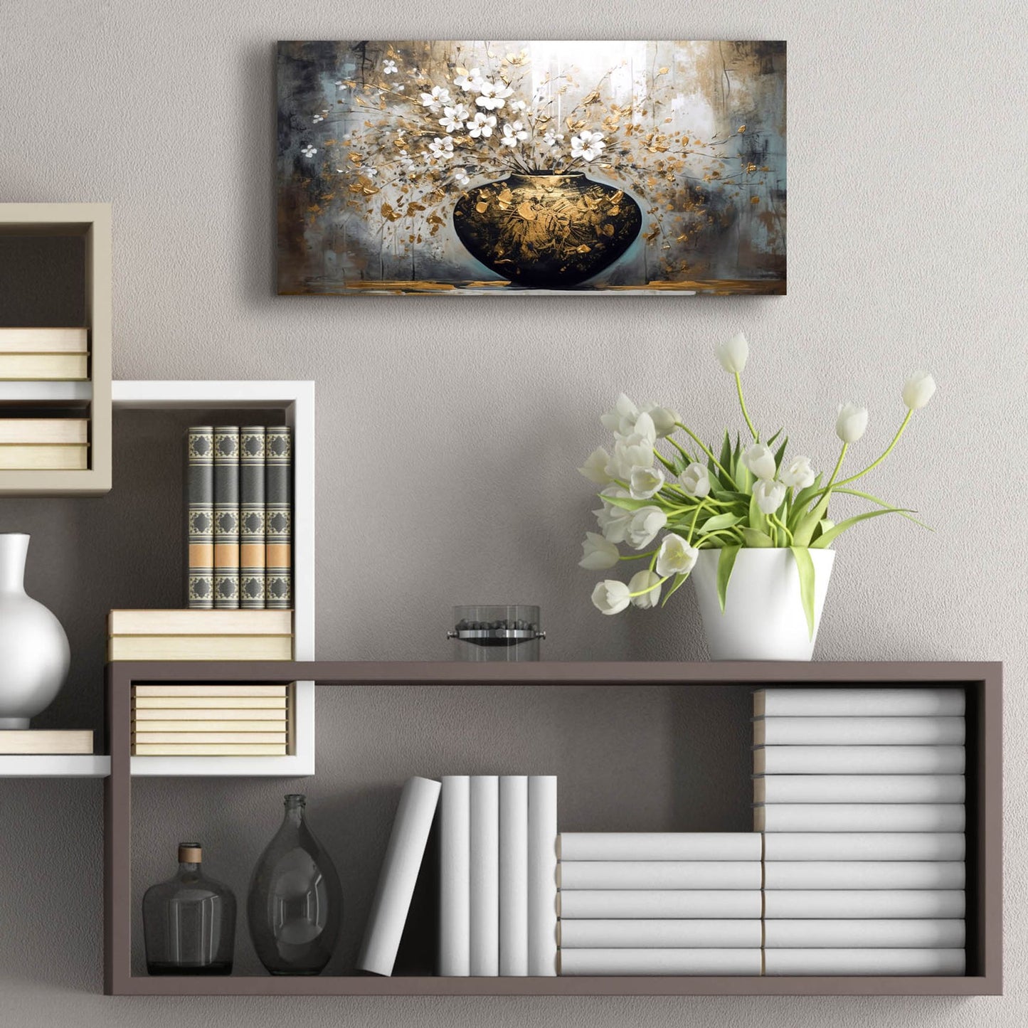 Epic Art 'Black and Gold Vase' by Epic Portfolio, Acrylic Glass Wall Art,24x12