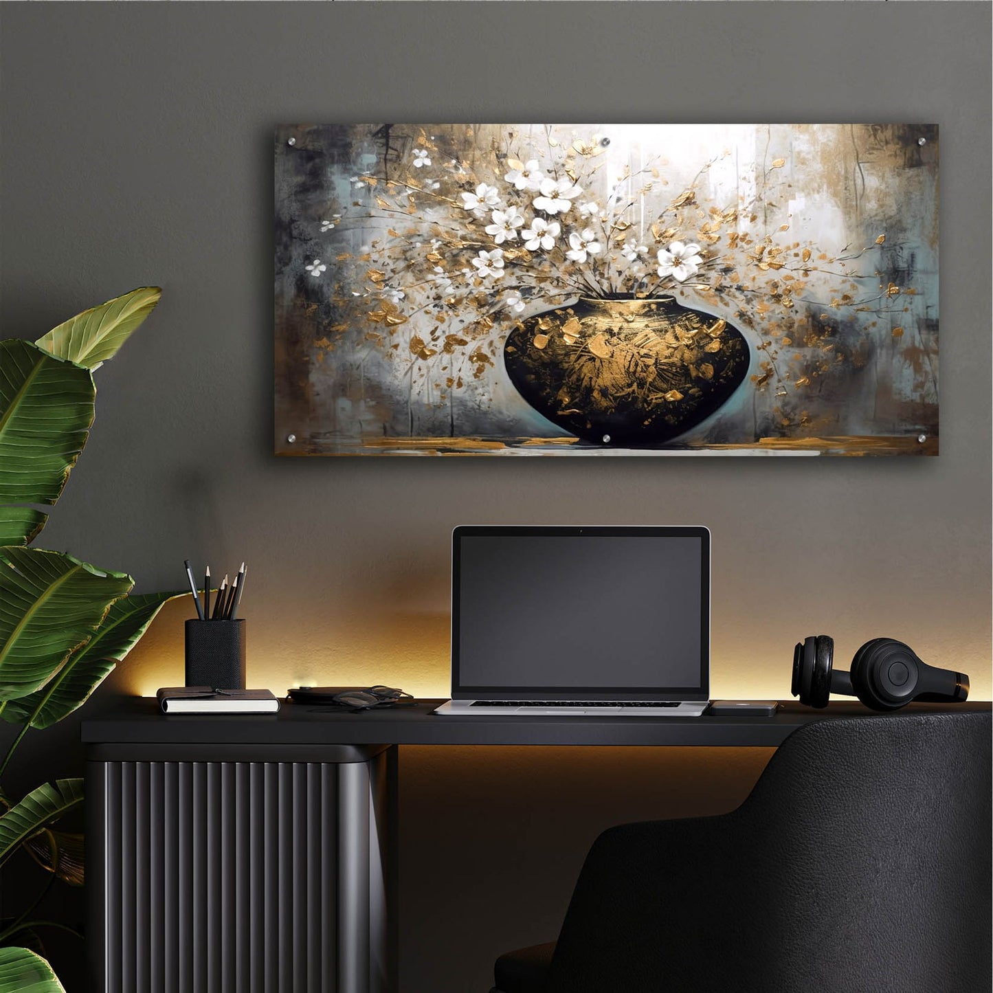 Epic Art 'Black and Gold Vase' by Epic Portfolio, Acrylic Glass Wall Art,48x24