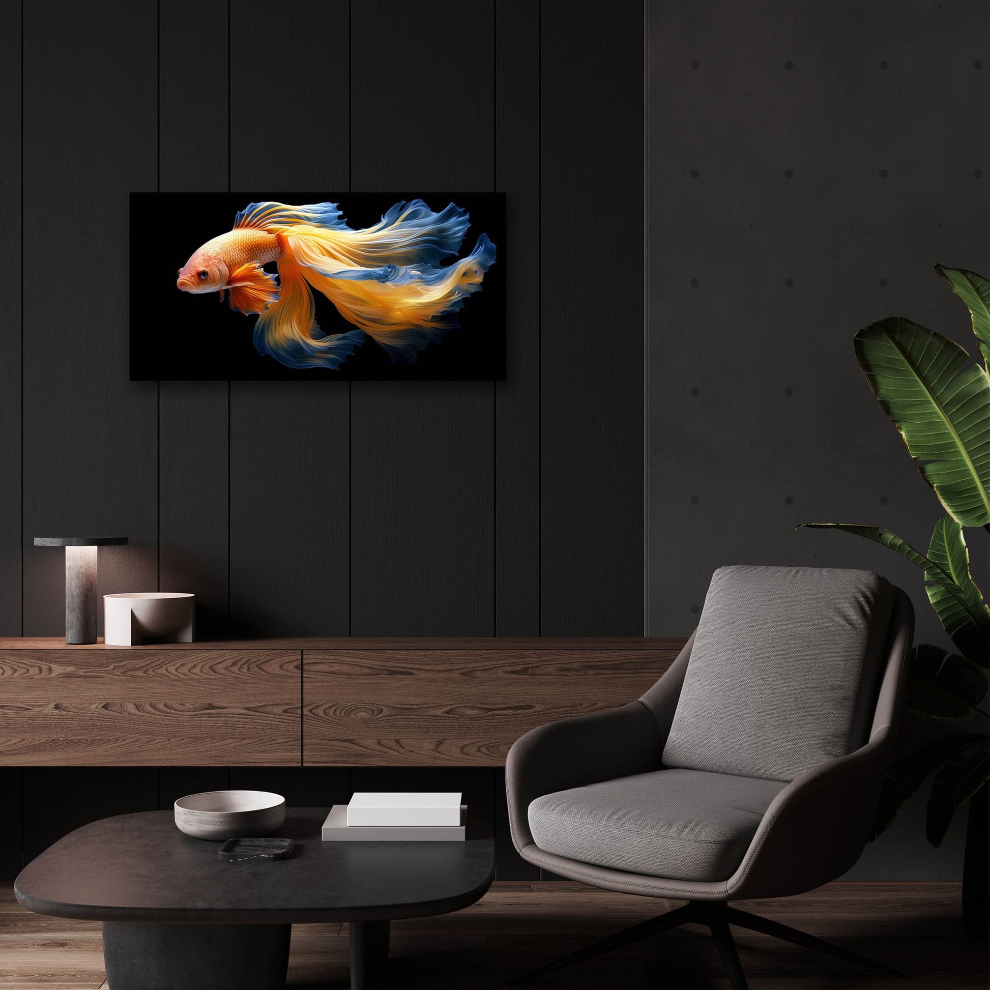 Epic Art 'Fighting Fish Blue and Yellow' by Epic Portfolio, Acrylic Glass Wall Art,24x12