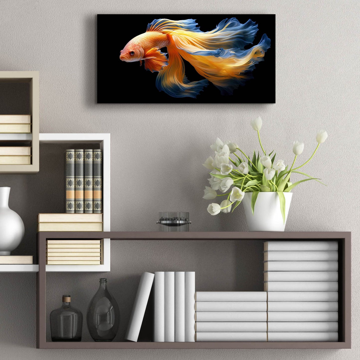 Epic Art 'Fighting Fish Blue and Yellow' by Epic Portfolio, Acrylic Glass Wall Art,24x12