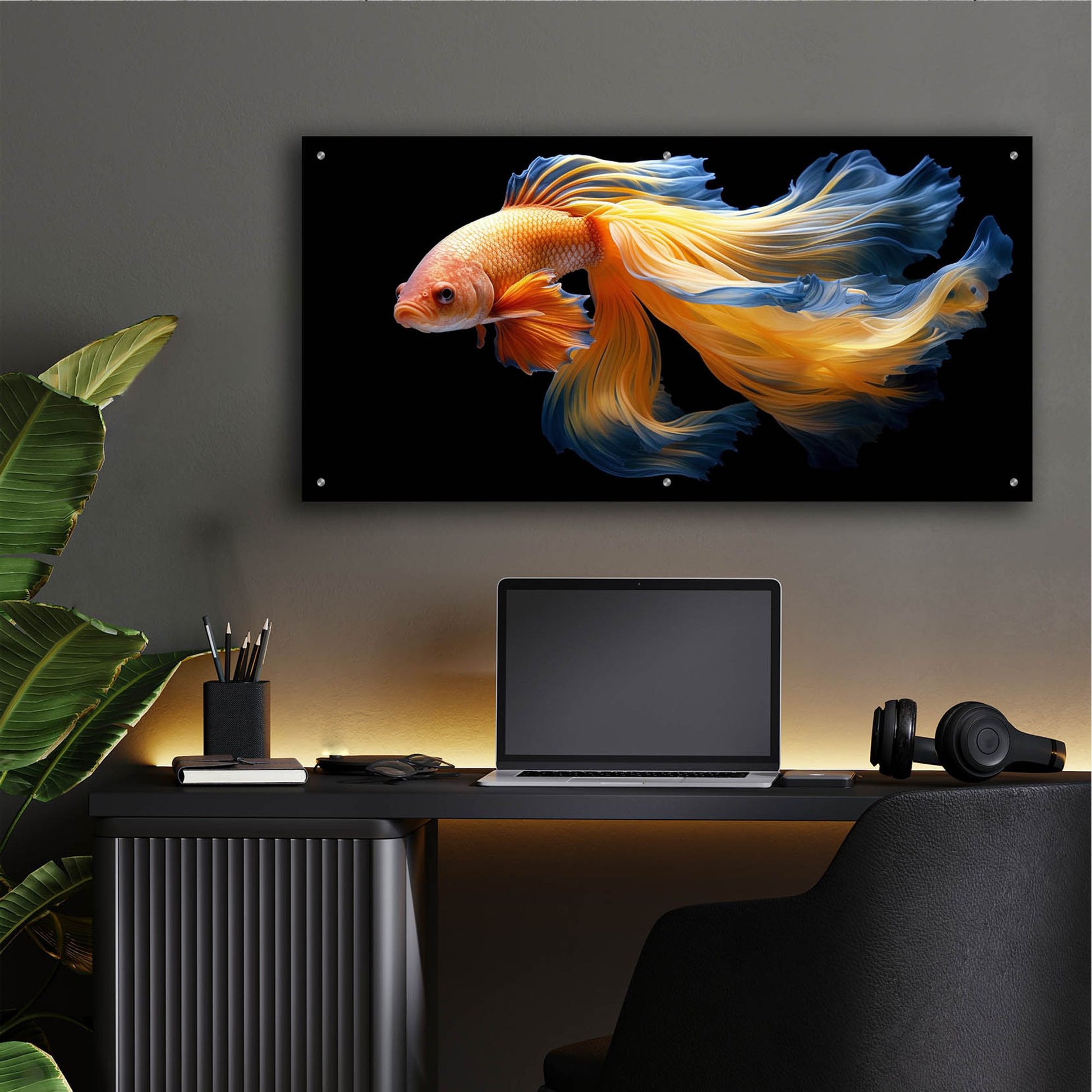 Epic Art 'Fighting Fish Blue and Yellow' by Epic Portfolio, Acrylic Glass Wall Art,48x24