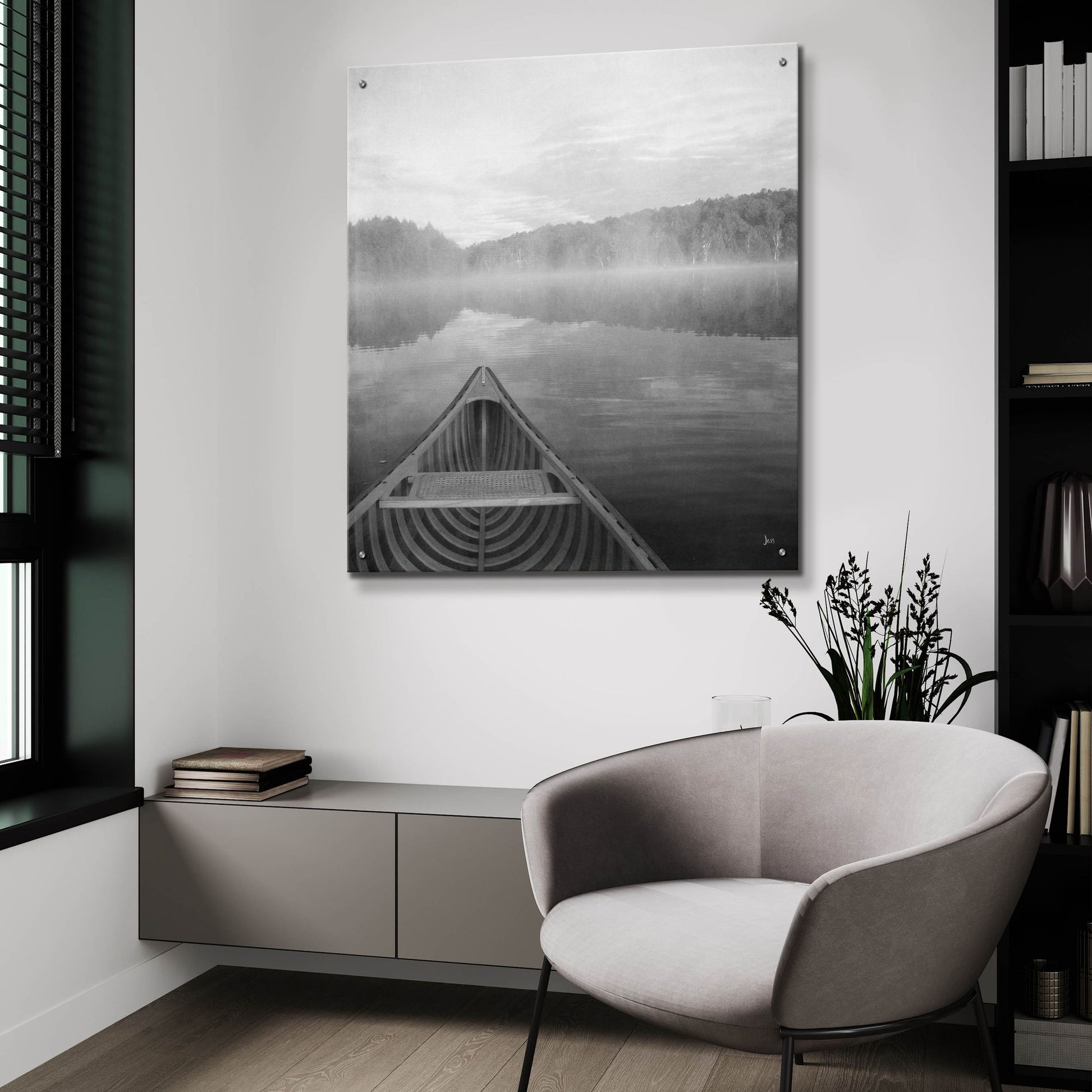 Epic Art 'Calm Waters Canoe I BW' by Jess Aiken, Acrylic Glass Wall Art,36x36