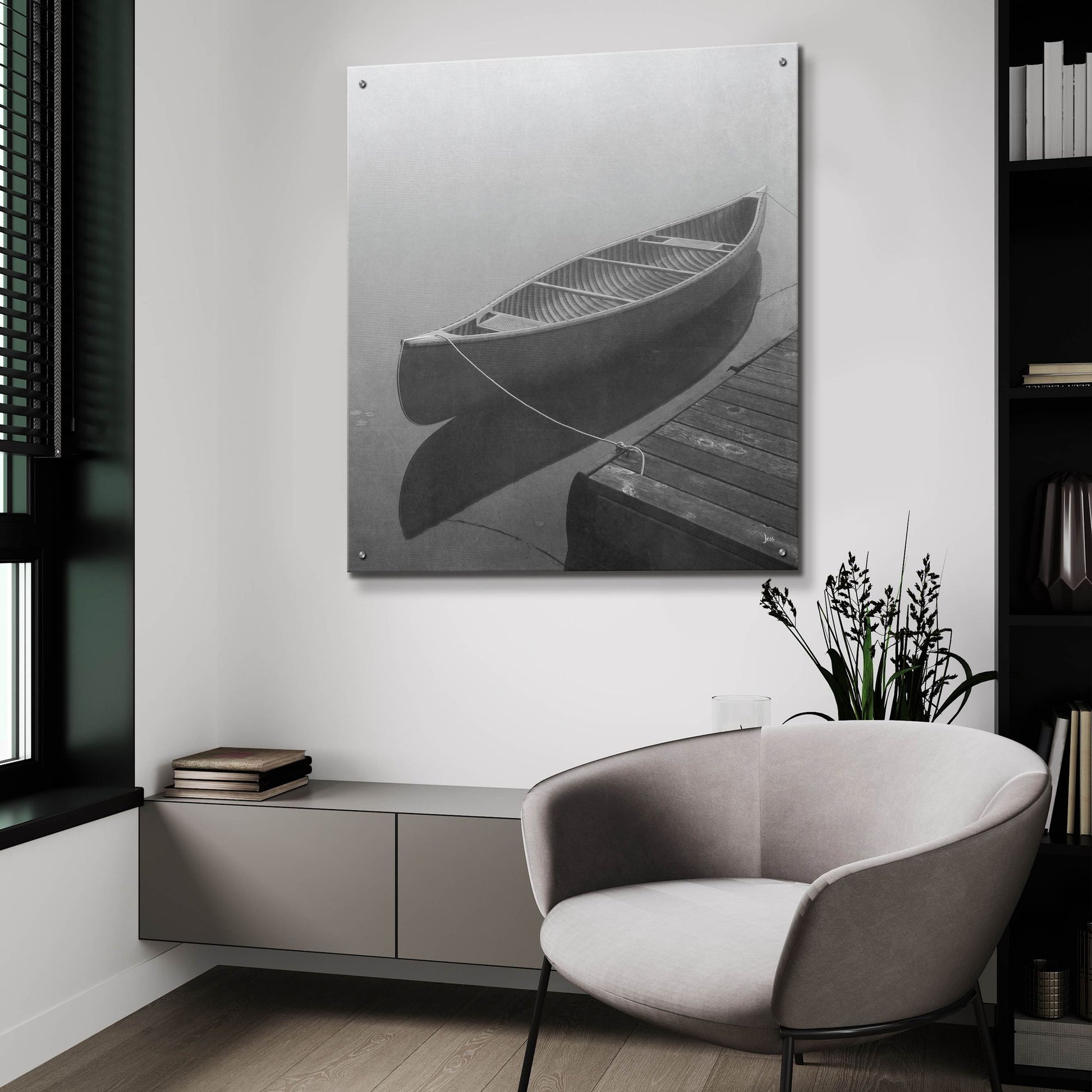 Epic Art 'Calm Waters Canoe II BW' by Jess Aiken, Acrylic Glass Wall Art,36x36