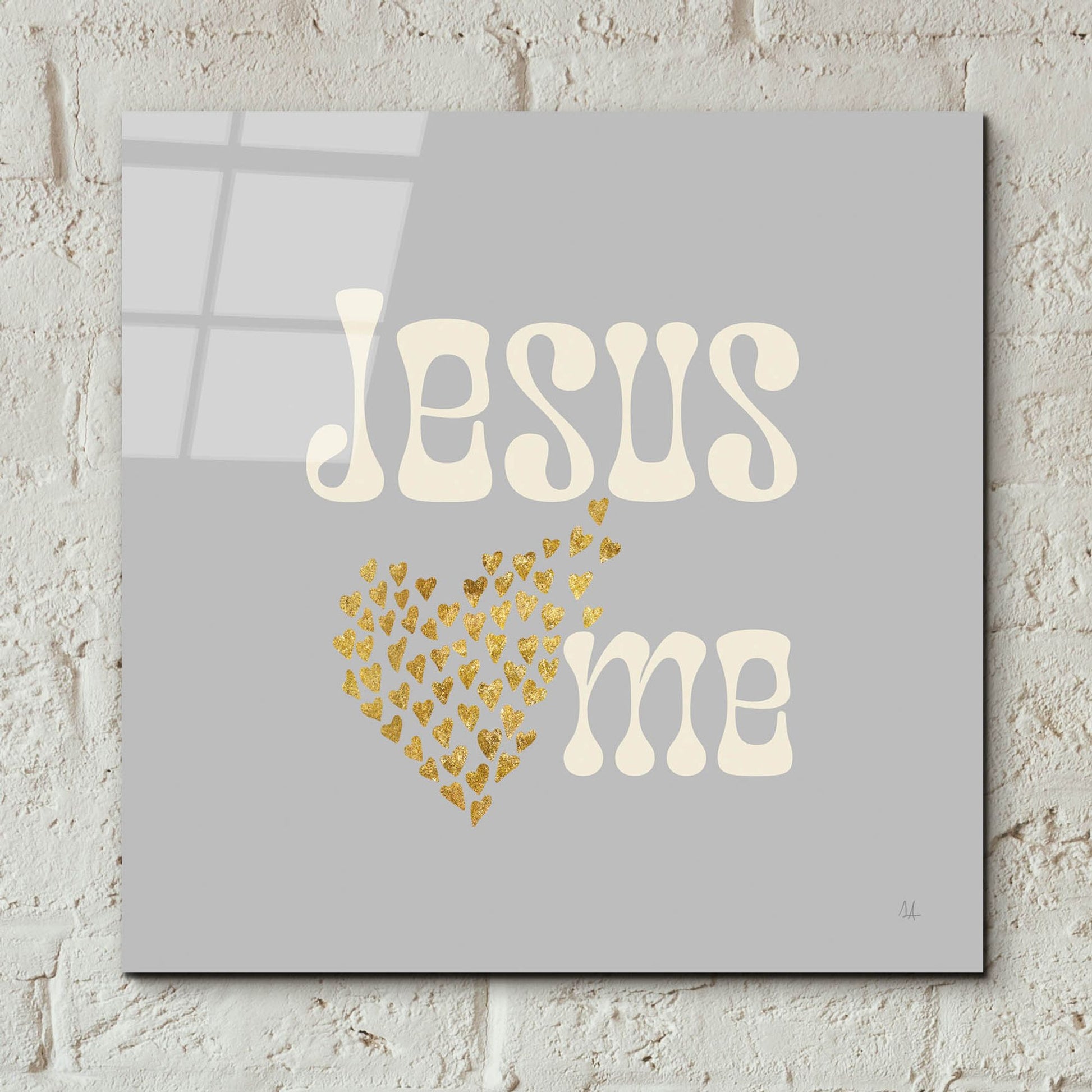 Epic Art 'Jesus Loves Me Gray' by Sarah Adams, Acrylic Glass Wall Art,12x12