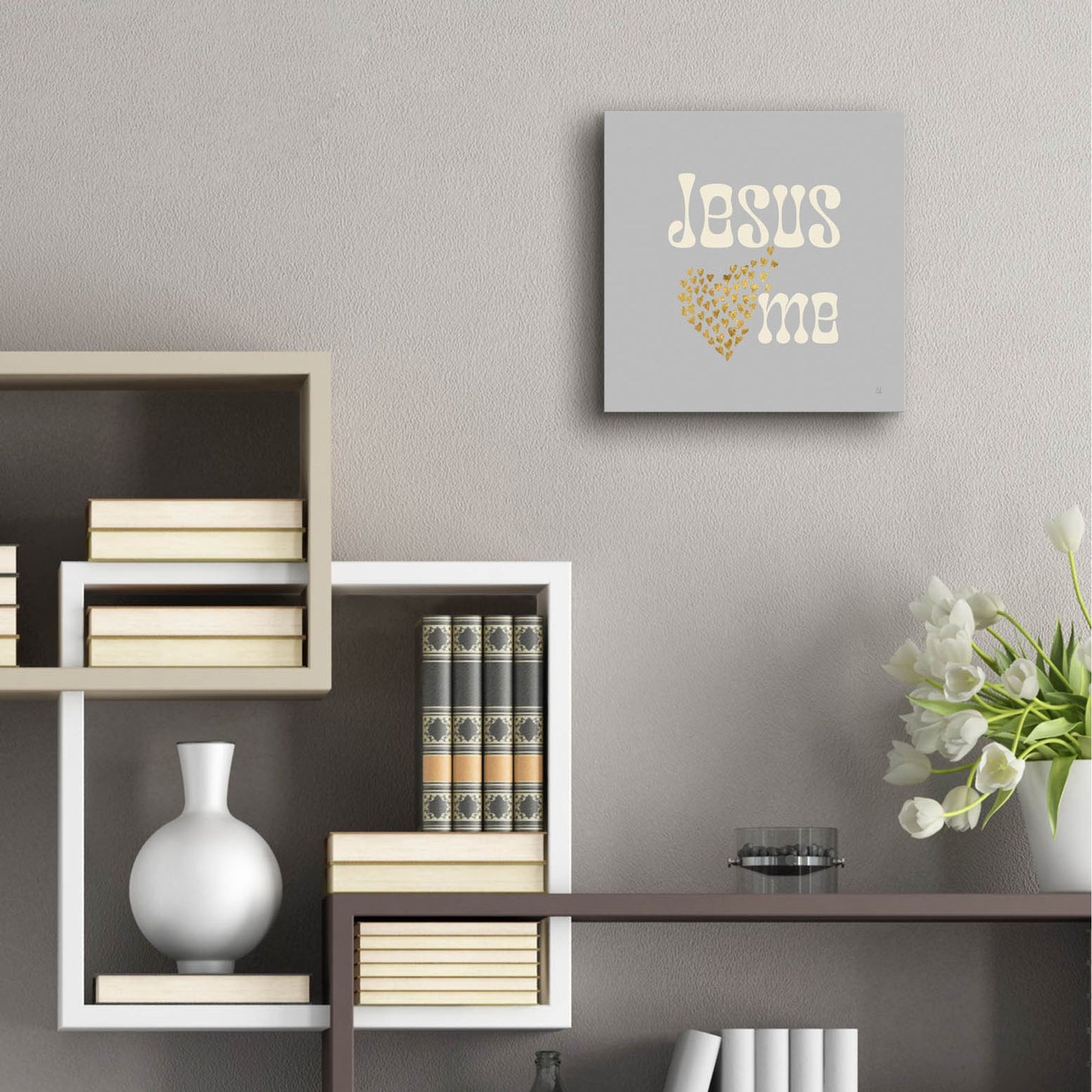 Epic Art 'Jesus Loves Me Gray' by Sarah Adams, Acrylic Glass Wall Art,12x12