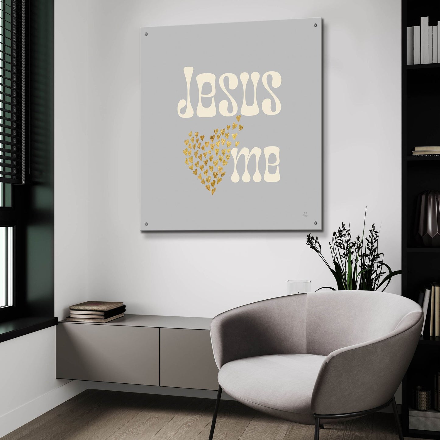 Epic Art 'Jesus Loves Me Gray' by Sarah Adams, Acrylic Glass Wall Art,36x36