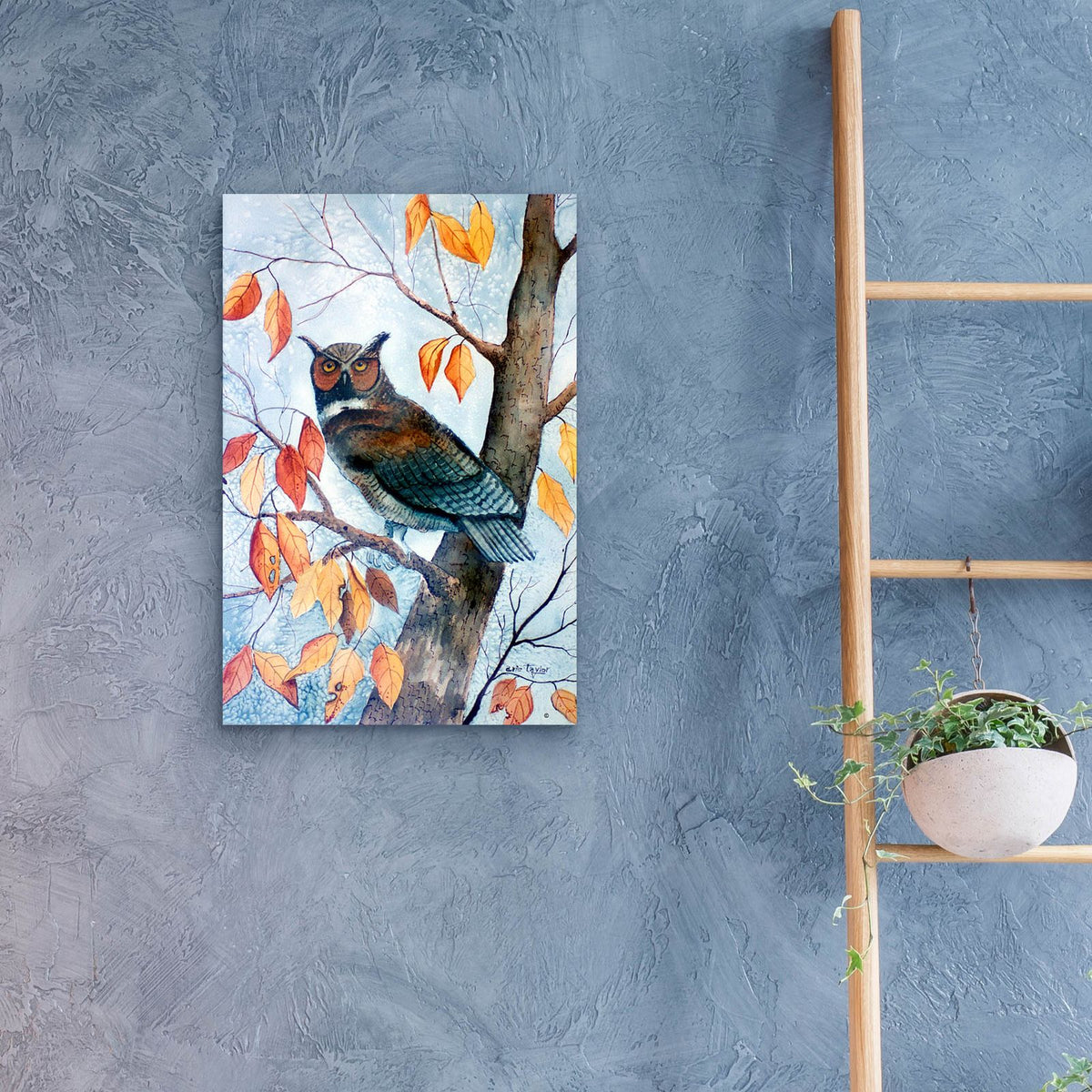 Owl and Autumn Leaves by Arie Reinhardt Taylor - 16x24 acrylic wall art in a room