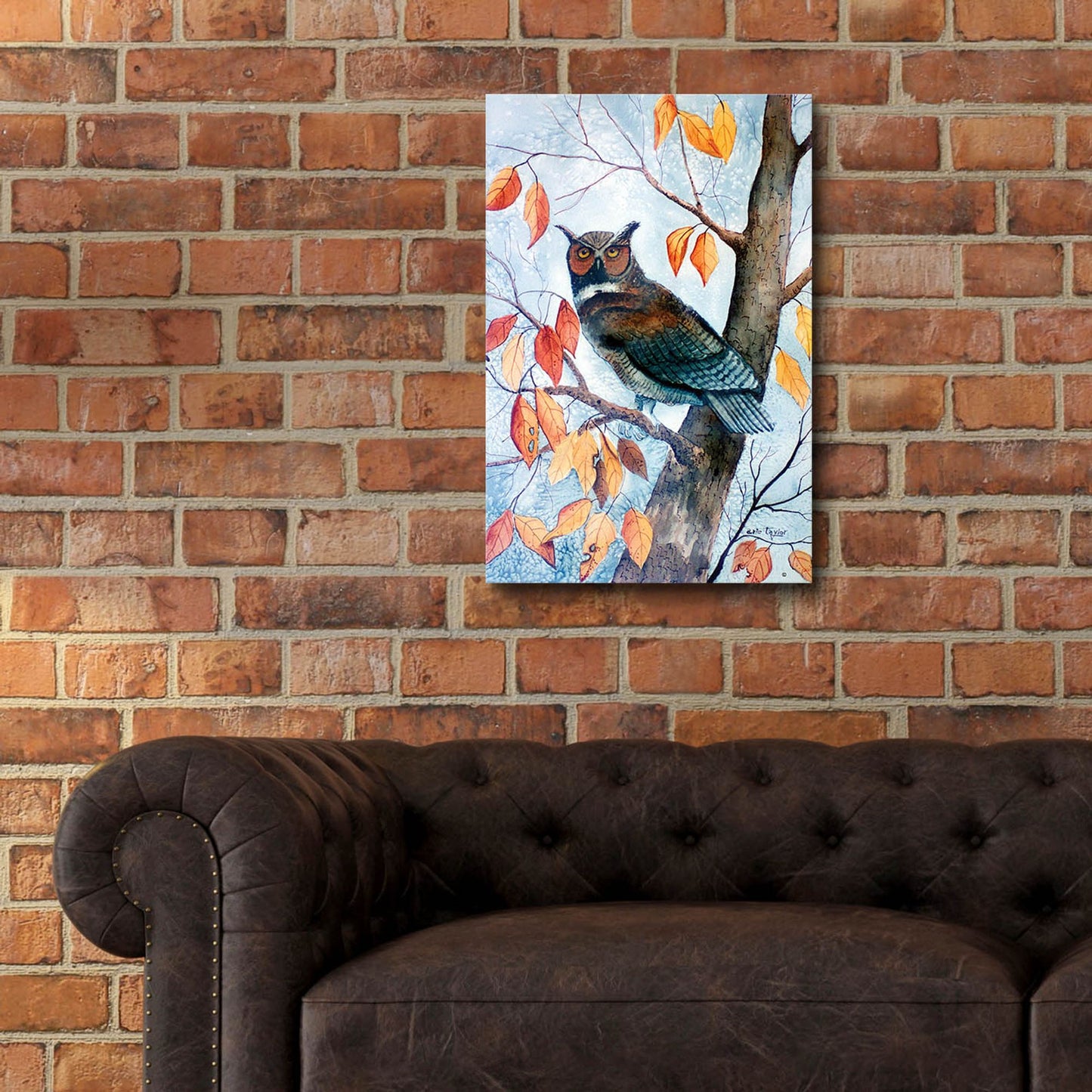 Epic Art 'Owl and Autumn Leaves' by Arie Reinhardt Taylor, Acrylic Glass Wall Art,16x24