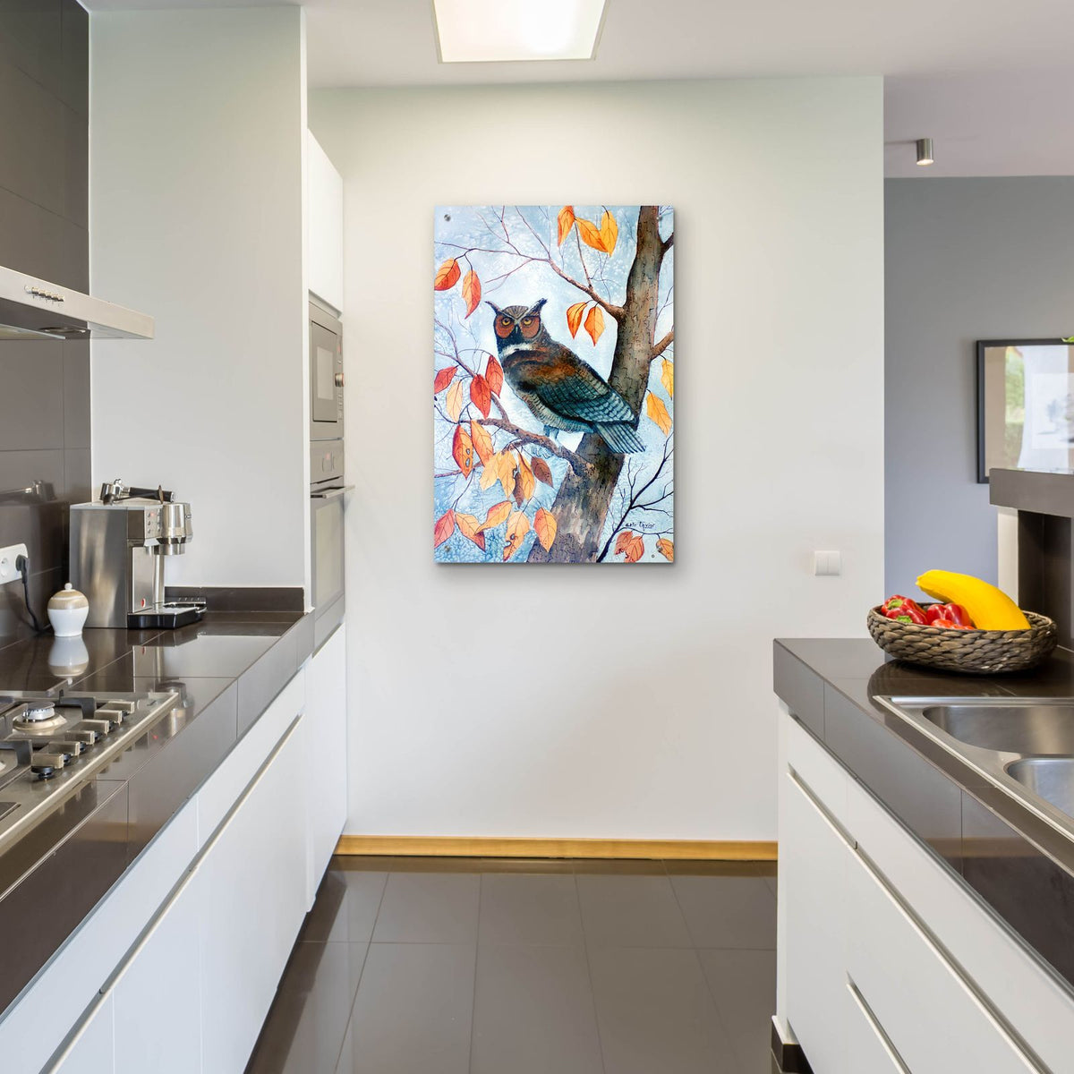 Owl and Autumn Leaves by Arie Reinhardt Taylor - 24x36 acrylic wall art in a room