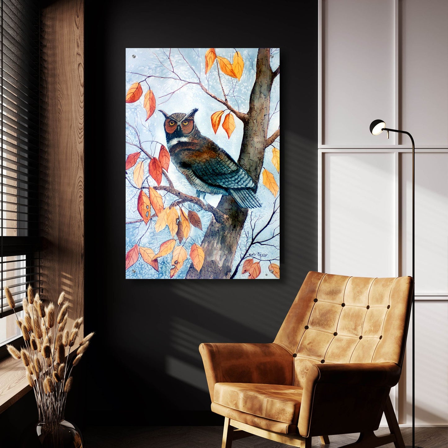 Epic Art 'Owl and Autumn Leaves' by Arie Reinhardt Taylor, Acrylic Glass Wall Art,24x36