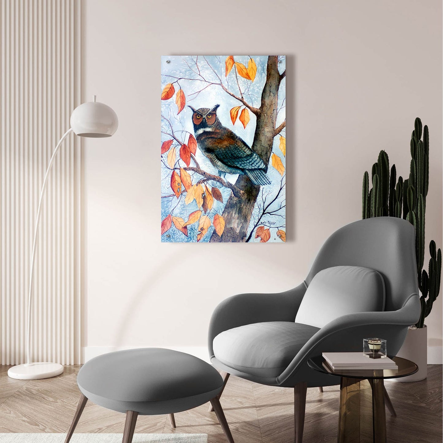 Epic Art 'Owl and Autumn Leaves' by Arie Reinhardt Taylor, Acrylic Glass Wall Art,24x36