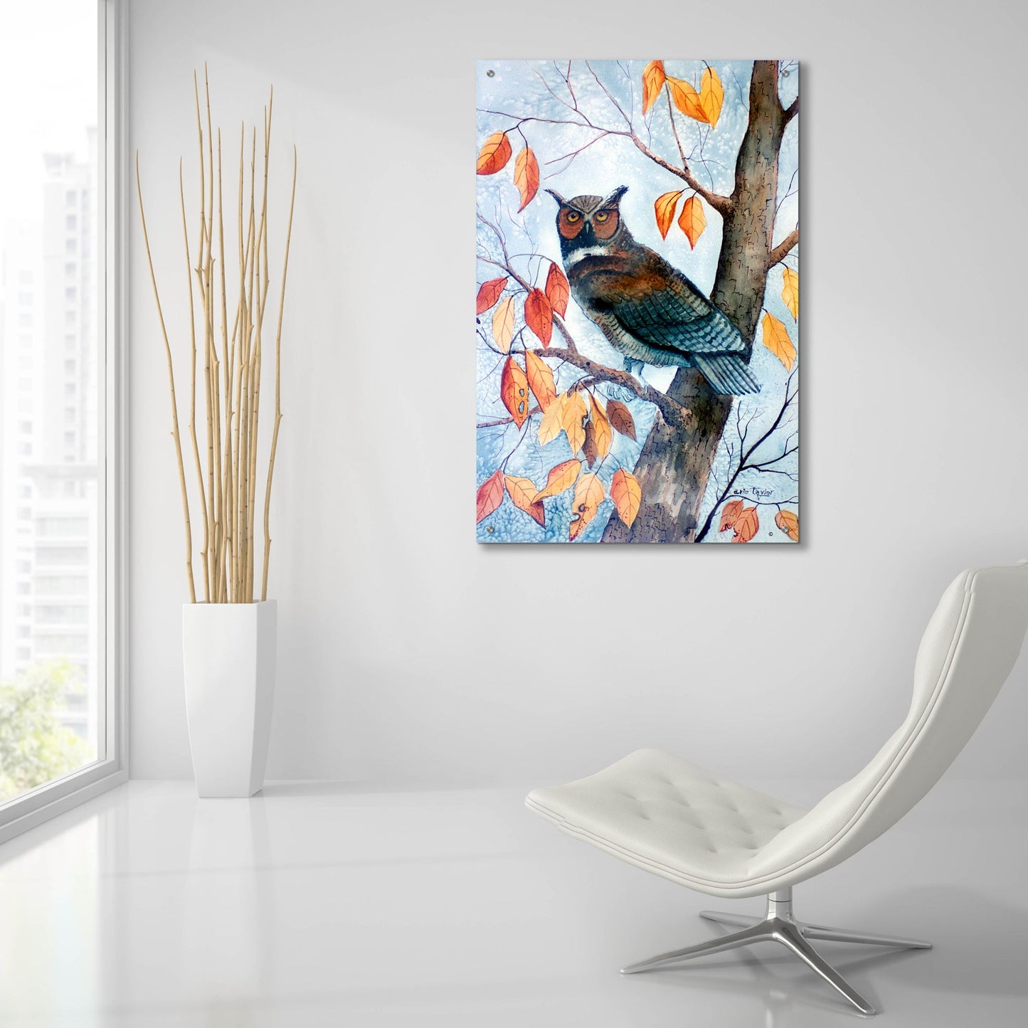 Epic Art 'Owl and Autumn Leaves' by Arie Reinhardt Taylor, Acrylic Glass Wall Art,24x36