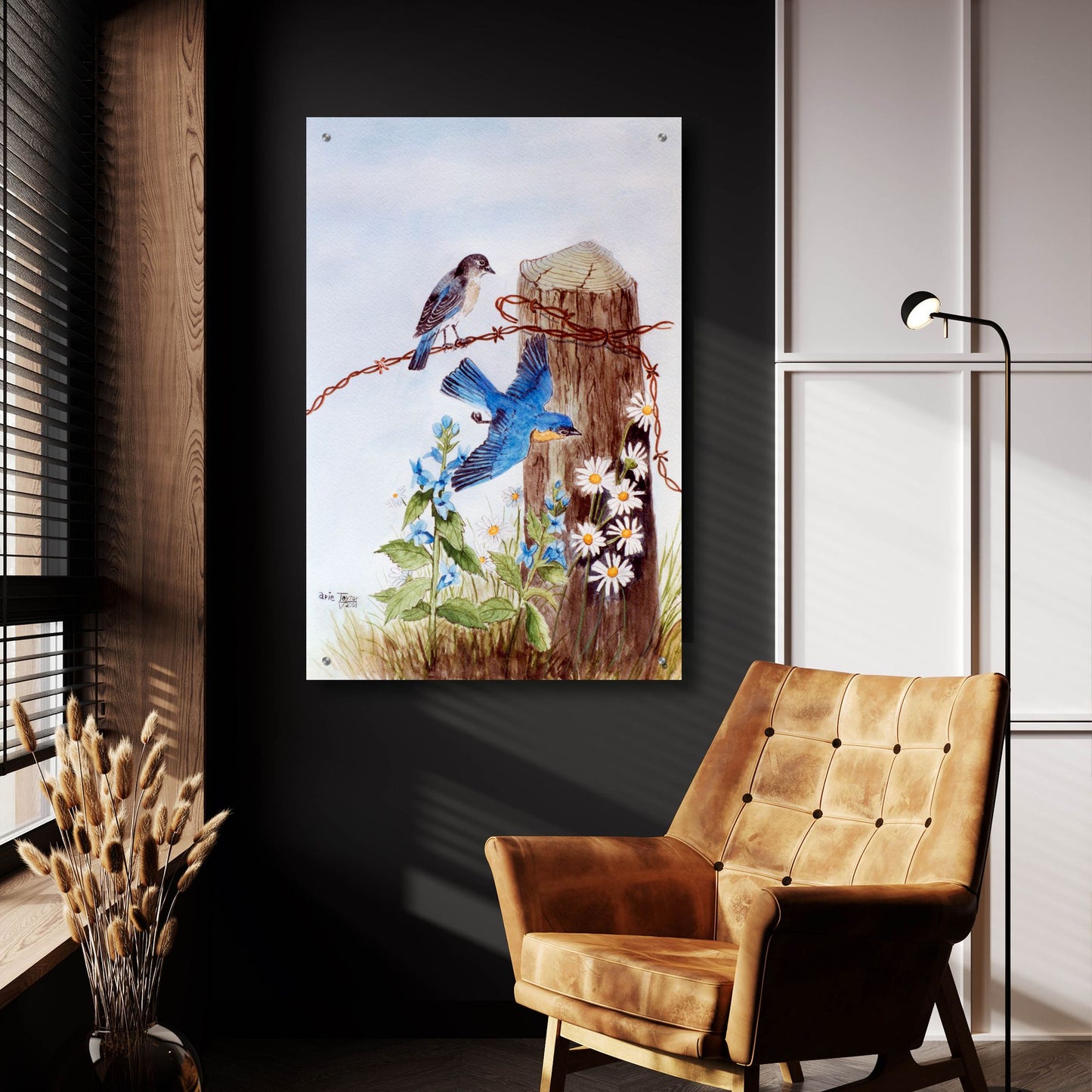 Epic Art 'Bluebirds with Daisies' by Arie Reinhardt Taylor, Acrylic Glass Wall Art,24x36