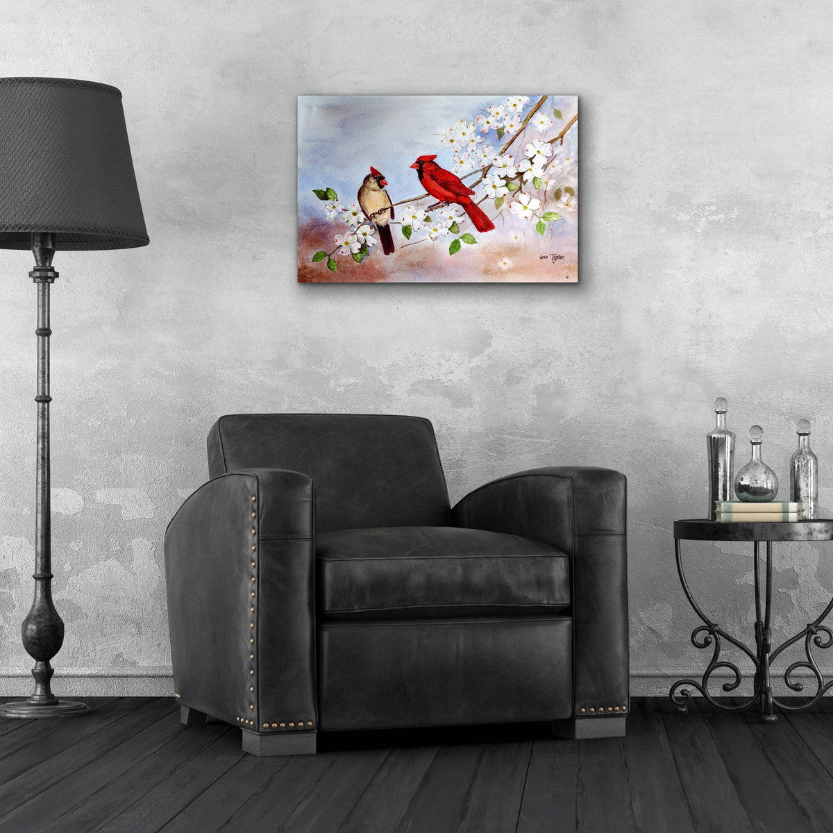 Cardinals and Dogwood by Arie Reinhardt Taylor - 24x16 acrylic wall art in a room