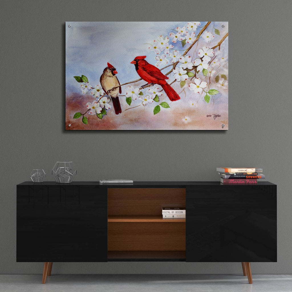 Cardinals and Dogwood by Arie Reinhardt Taylor - 36x24 acrylic wall art in a room