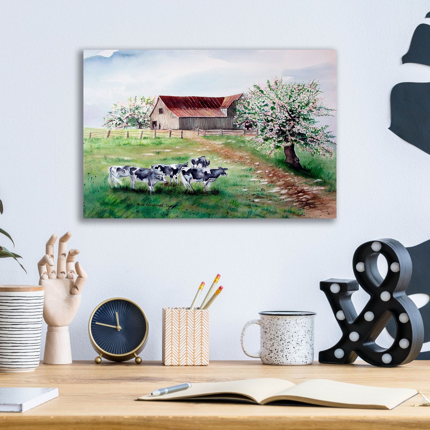 Epic Art 'Cows and a Barn' by Arie Reinhardt Taylor, Acrylic Glass Wall Art,16x12