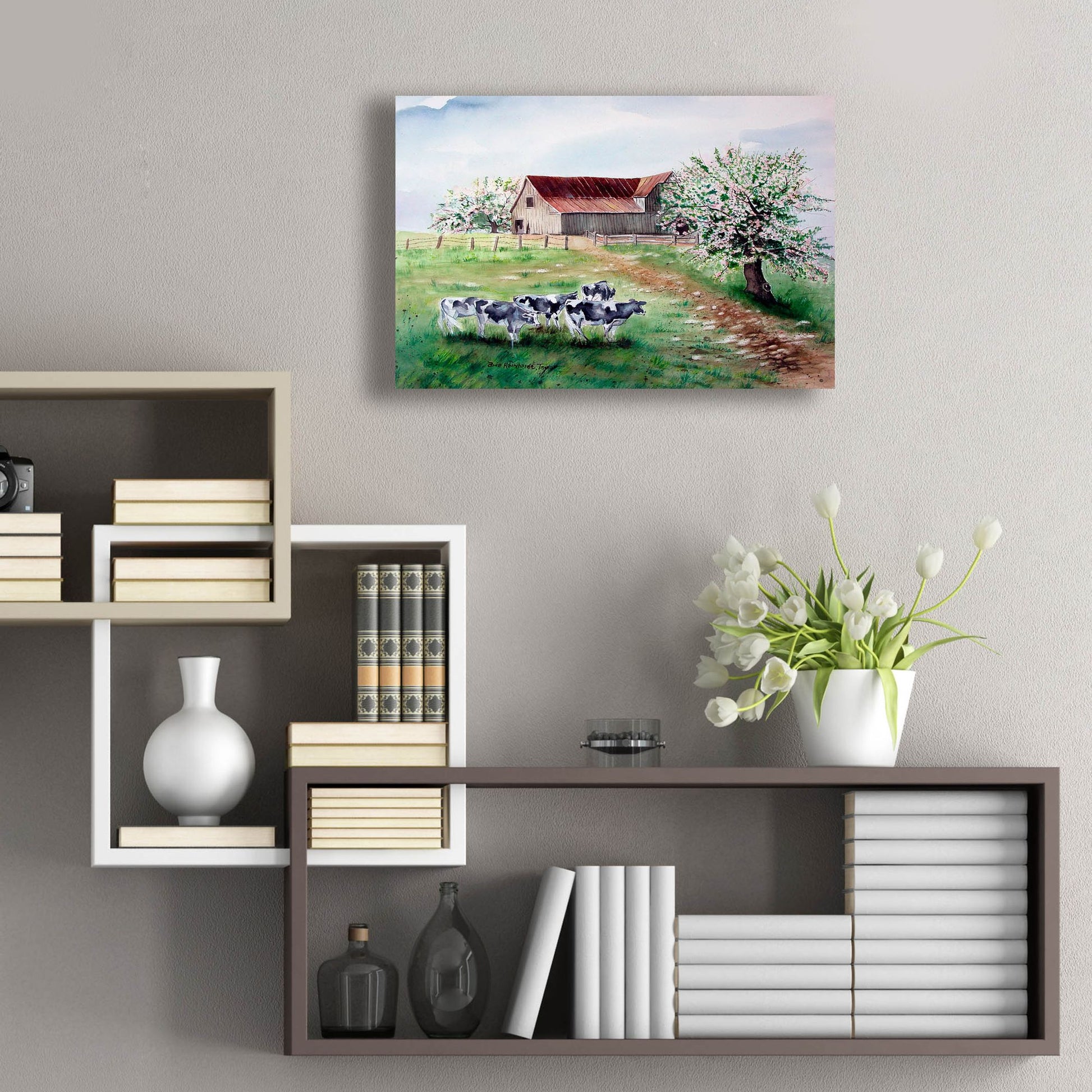 Epic Art 'Cows and a Barn' by Arie Reinhardt Taylor, Acrylic Glass Wall Art,24x16