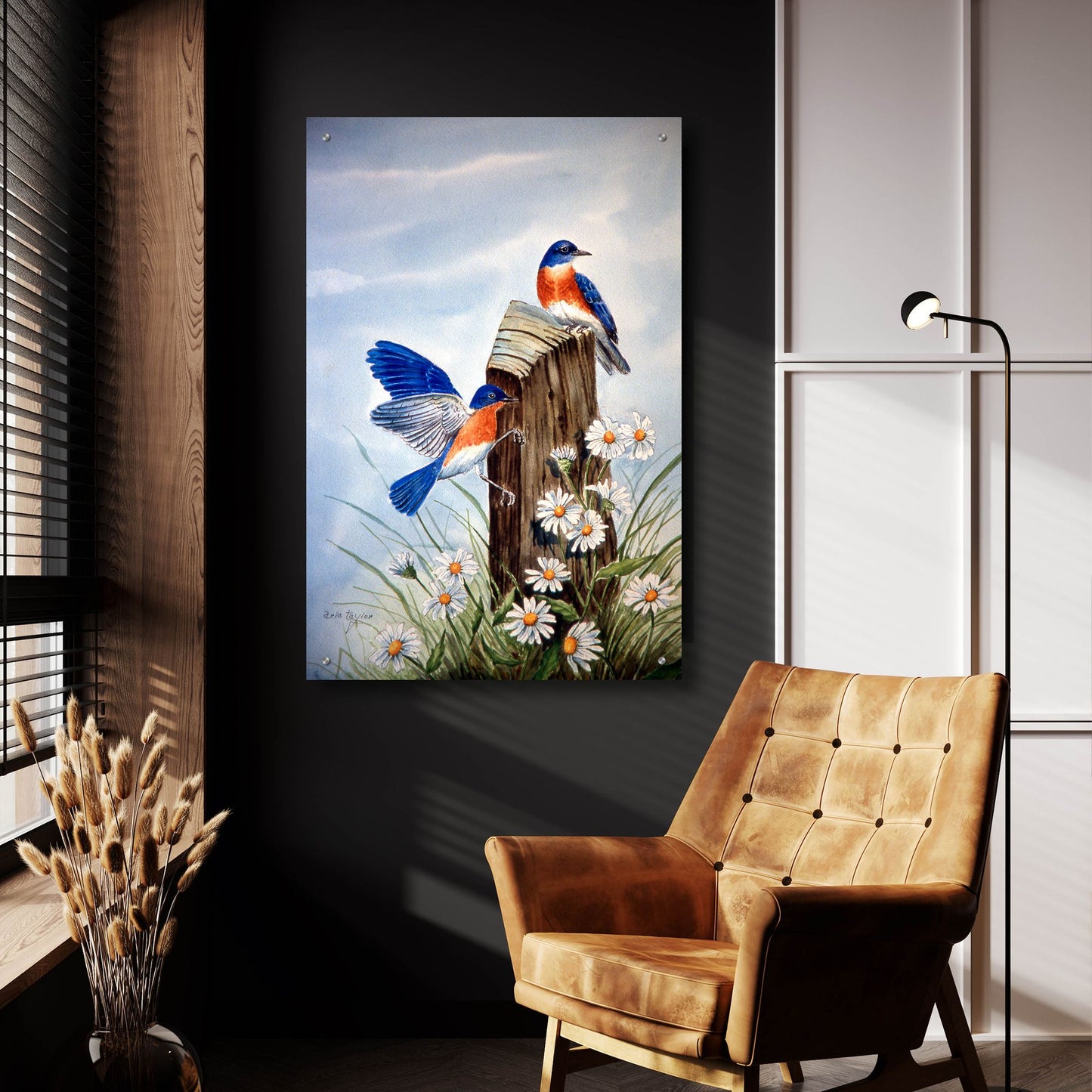 Epic Art 'Bluebirds With Daisies 2' by Arie Reinhardt Taylor, Acrylic Glass Wall Art,24x36