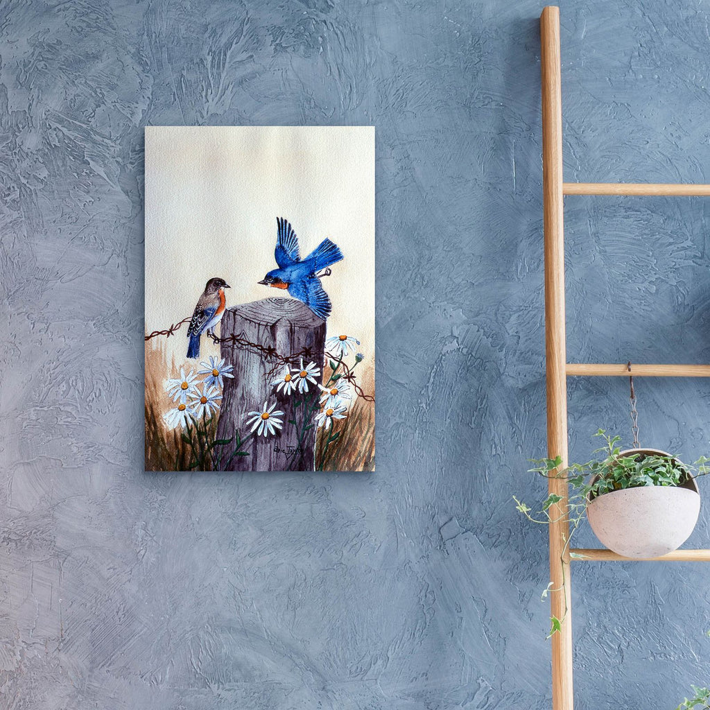 Bluebirds With Daisies 3 by Arie Reinhardt Taylor - 16x24 acrylic wall art in a room