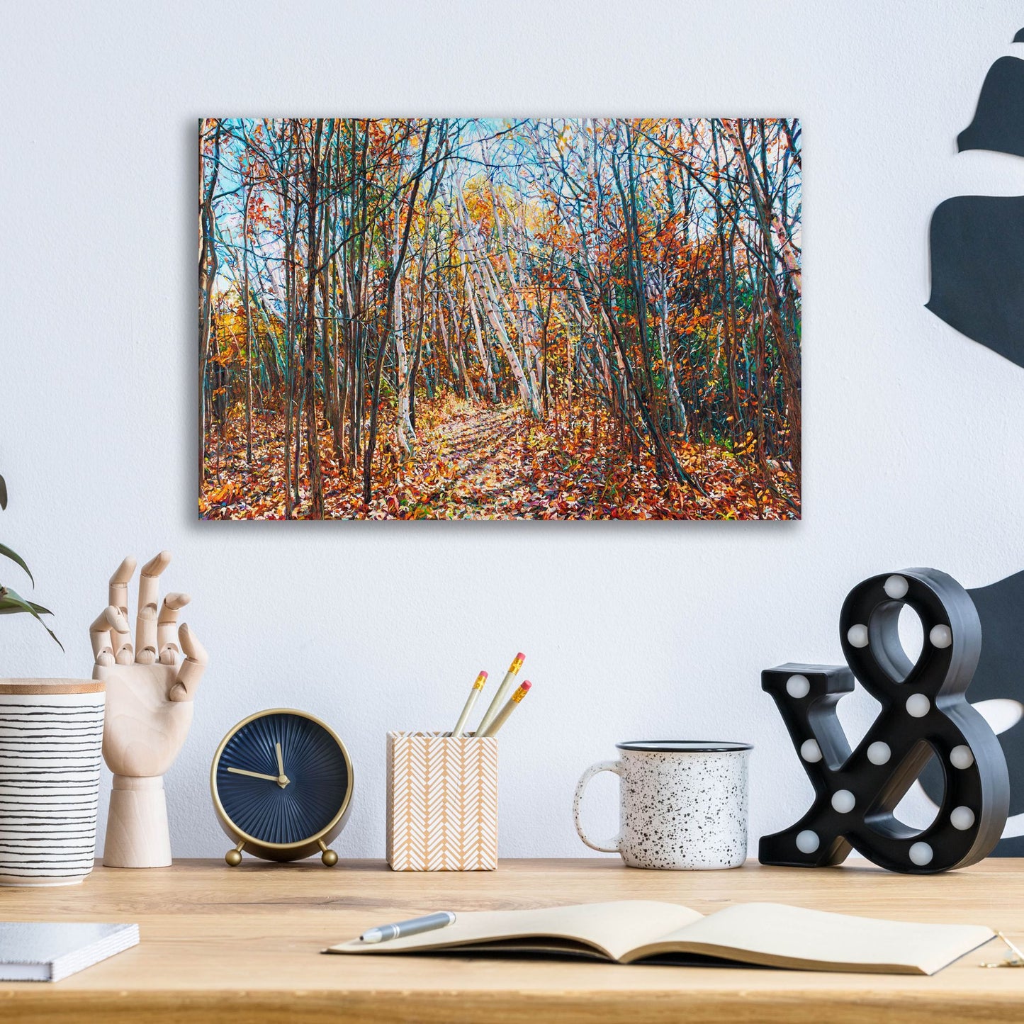 Epic Art 'Fall Forest Trail through the Birch' by Joanne Towers, Acrylic Glass Wall Art,16x12