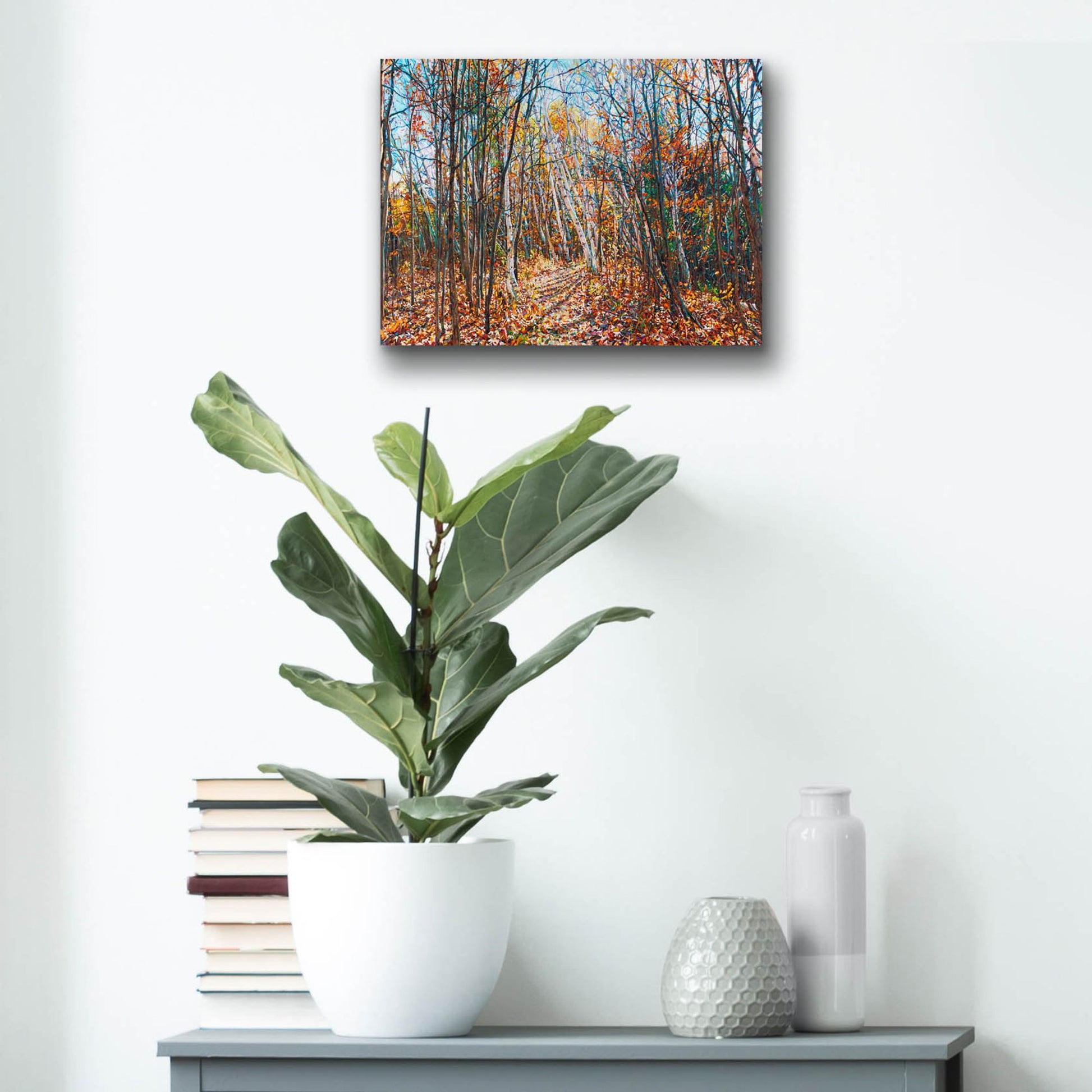 Epic Art 'Fall Forest Trail through the Birch' by Joanne Towers, Acrylic Glass Wall Art,16x12