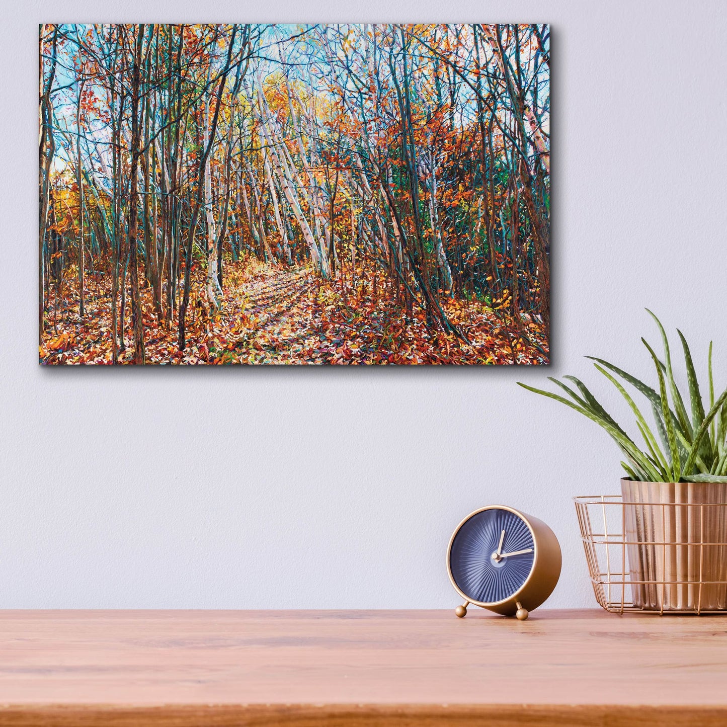 Epic Art 'Fall Forest Trail through the Birch' by Joanne Towers, Acrylic Glass Wall Art,16x12