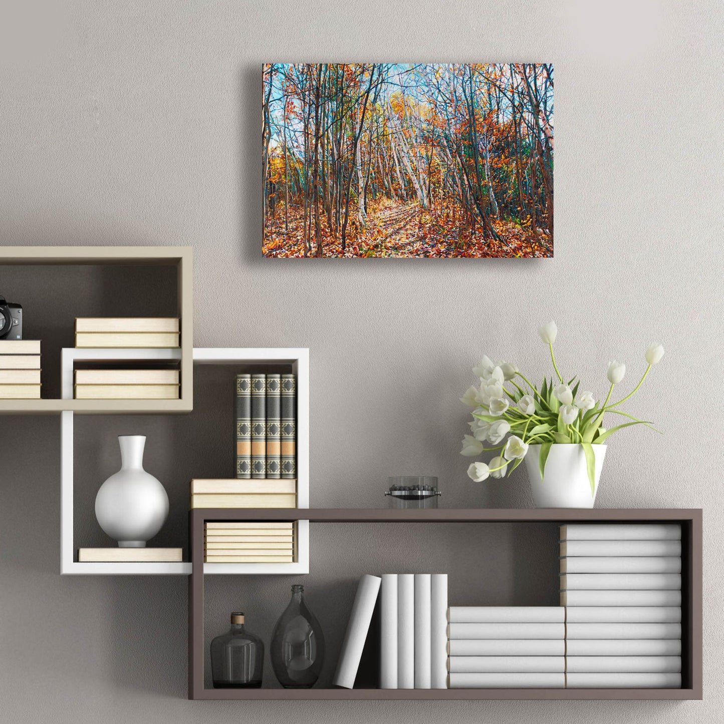 Epic Art 'Fall Forest Trail through the Birch' by Joanne Towers, Acrylic Glass Wall Art,24x16