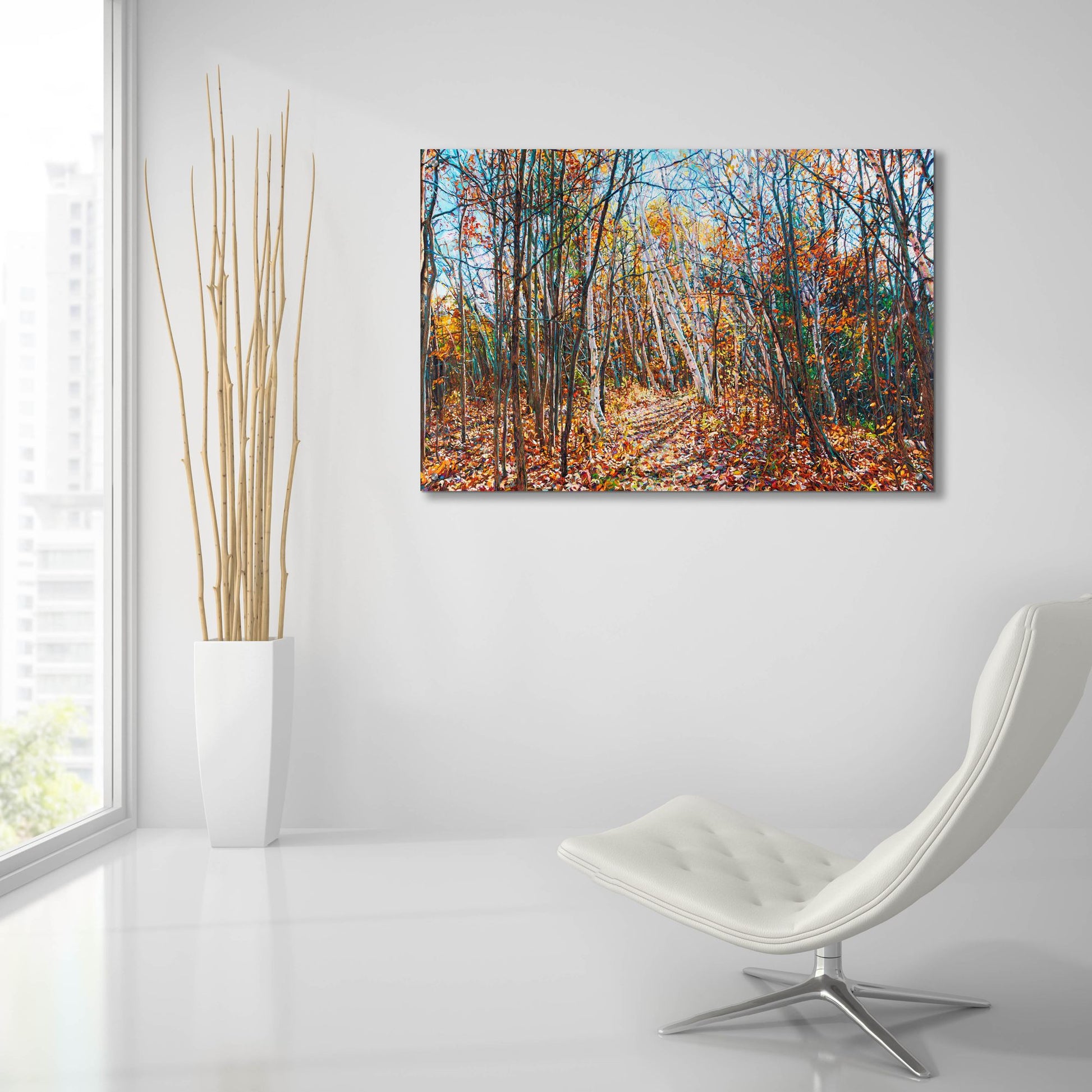 Epic Art 'Fall Forest Trail through the Birch' by Joanne Towers, Acrylic Glass Wall Art,36x24