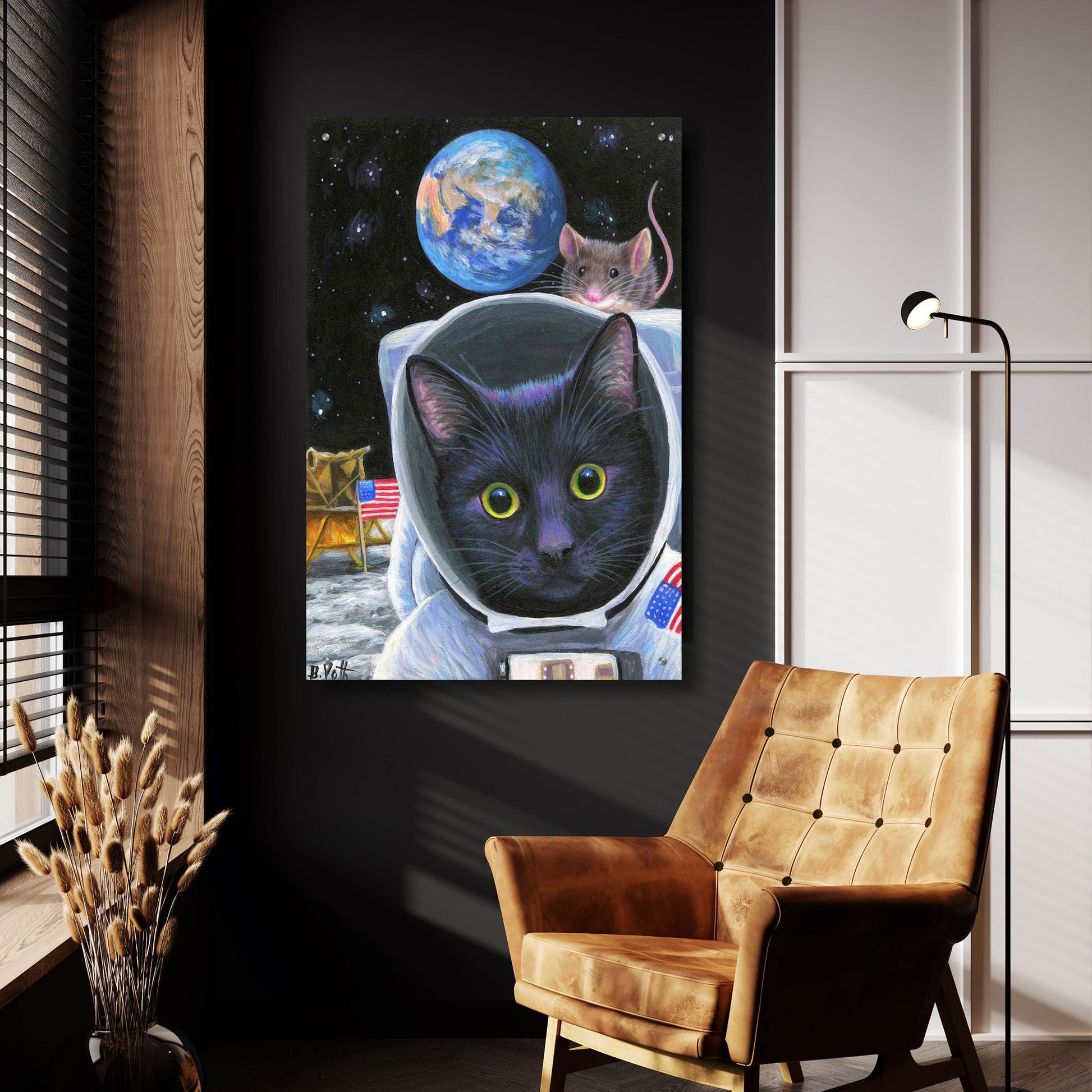 Epic Art 'One Small Step For Feline' by Bridget Voth, Acrylic Glass Wall Art,24x36