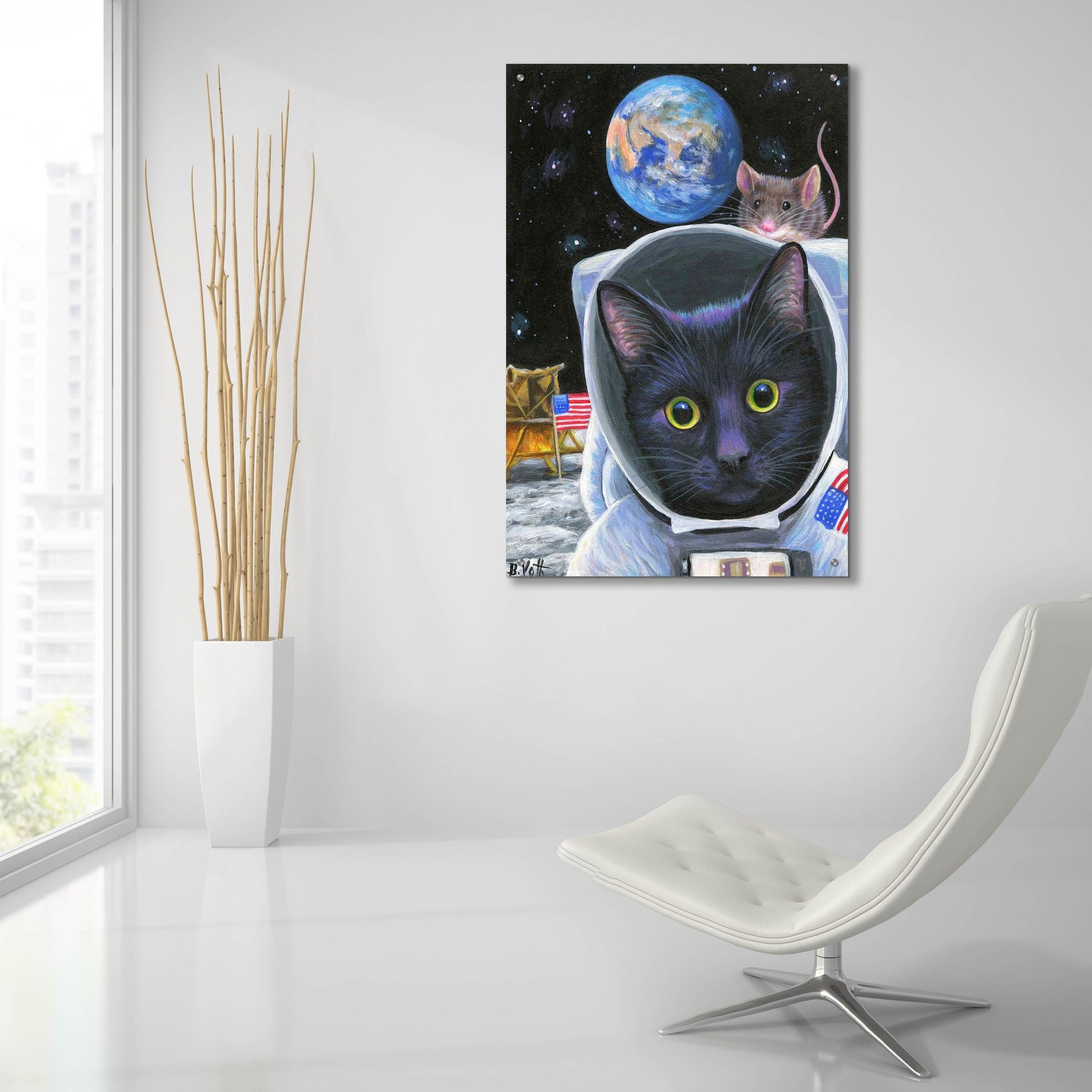 Epic Art 'One Small Step For Feline' by Bridget Voth, Acrylic Glass Wall Art,24x36