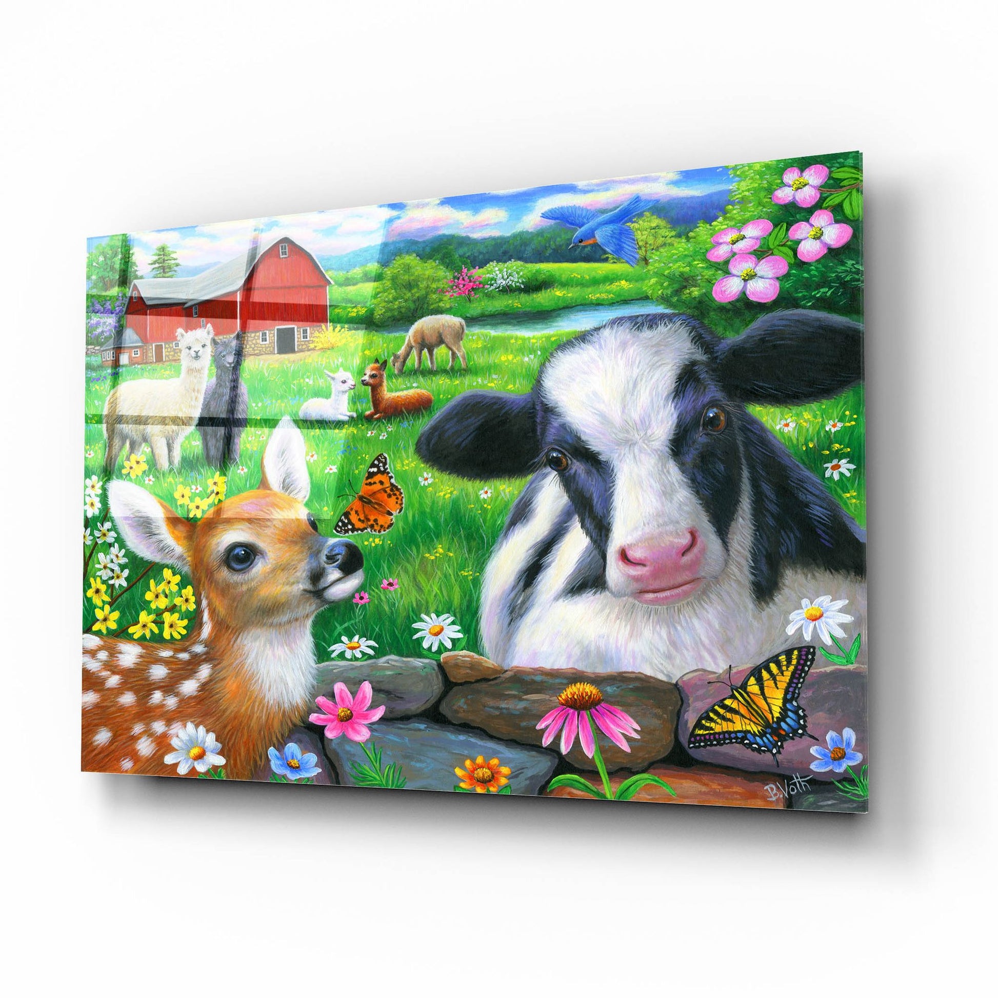 Epic Art 'Friends at the Farm' by Bridget Voth, Acrylic Glass Wall Art,16x12