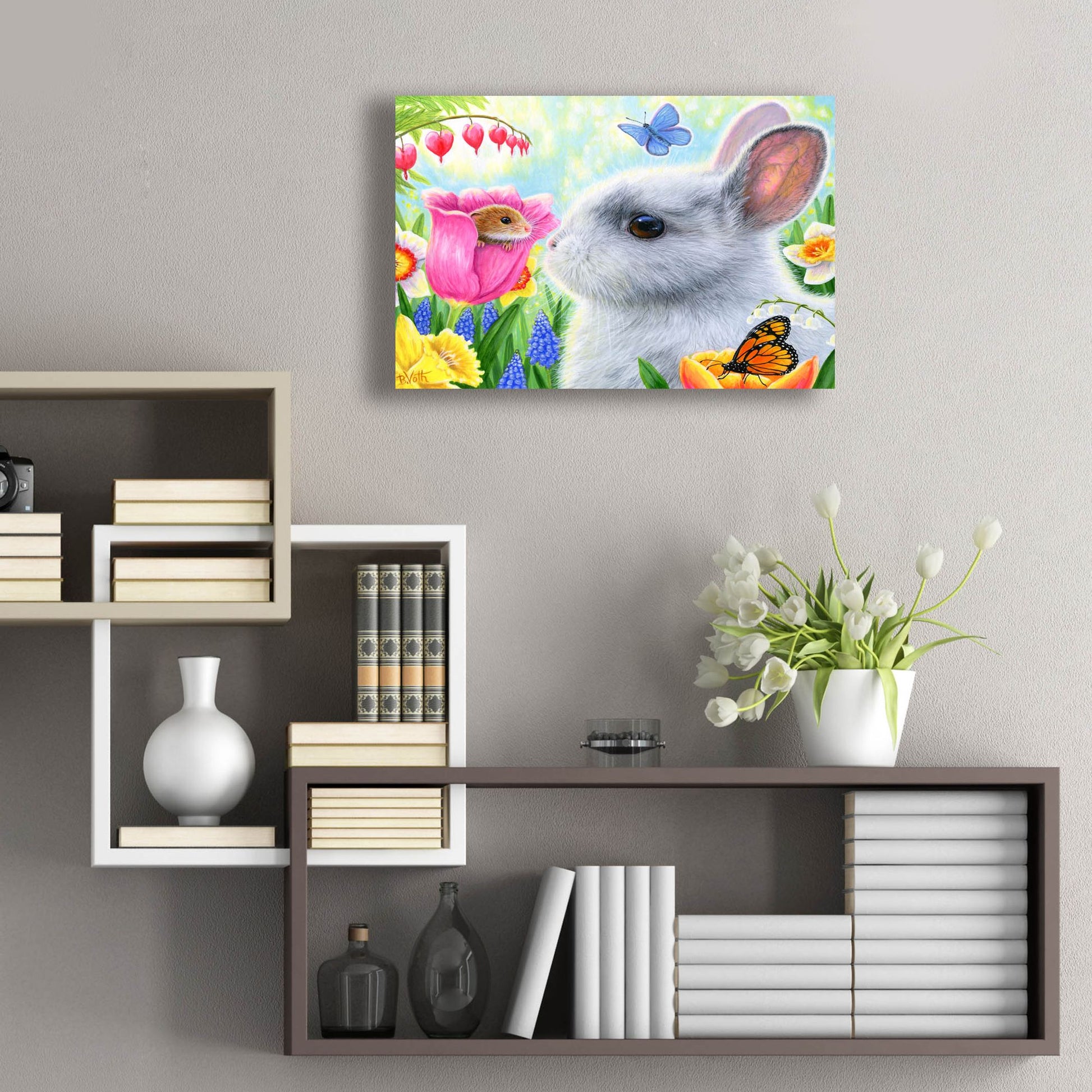 Epic Art 'Little Friend in the Tulips' by Bridget Voth, Acrylic Glass Wall Art,24x16