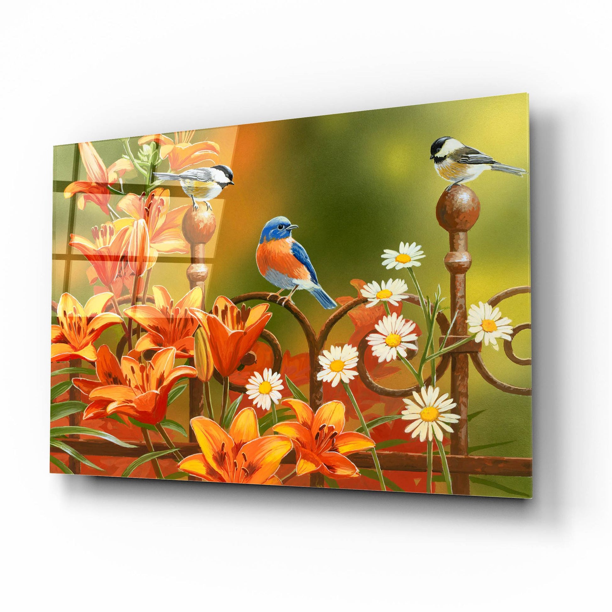 Epic Art 'Rusty Fence and Lilies' by William Vanderdasson, Acrylic Glass Wall Art,16x12