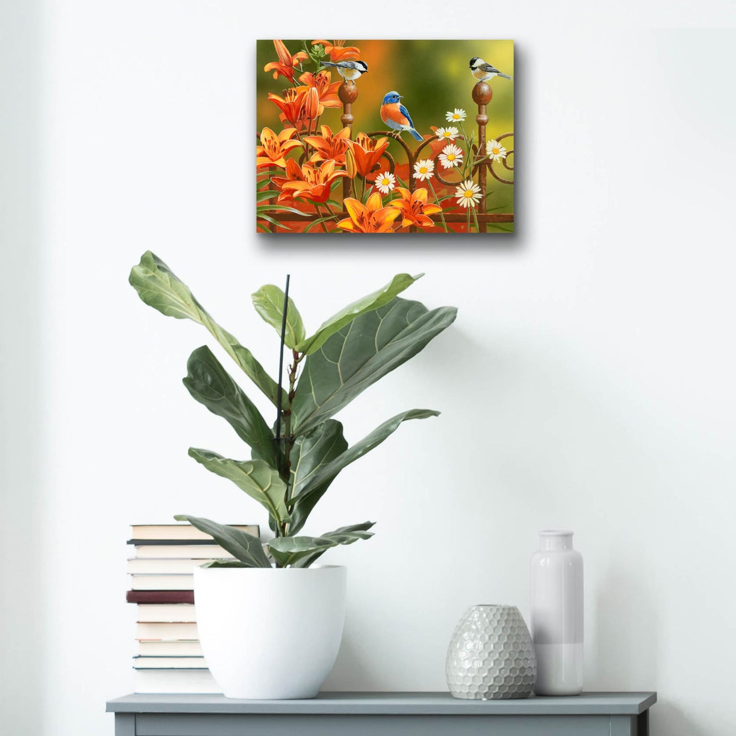 Epic Art 'Rusty Fence and Lilies' by William Vanderdasson, Acrylic Glass Wall Art,16x12