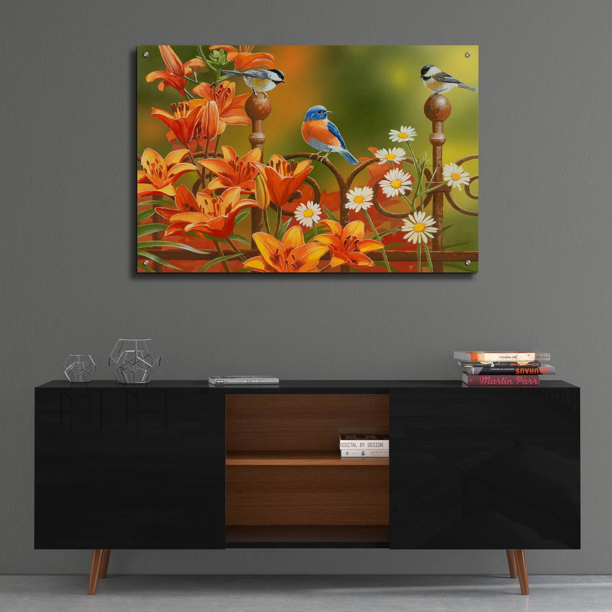 Epic Art 'Rusty Fence and Lilies' by William Vanderdasson, Acrylic Glass Wall Art,36x24