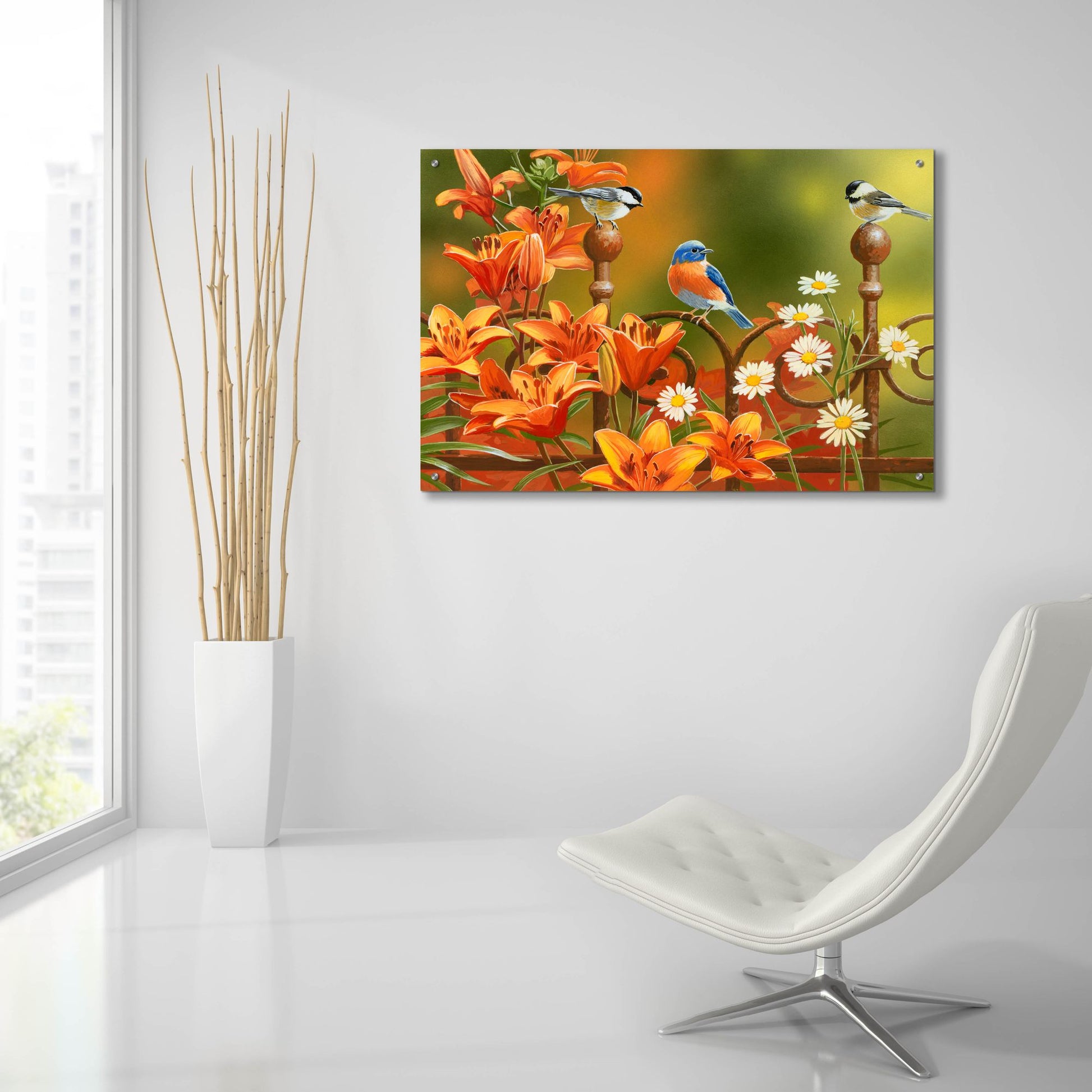 Epic Art 'Rusty Fence and Lilies' by William Vanderdasson, Acrylic Glass Wall Art,36x24