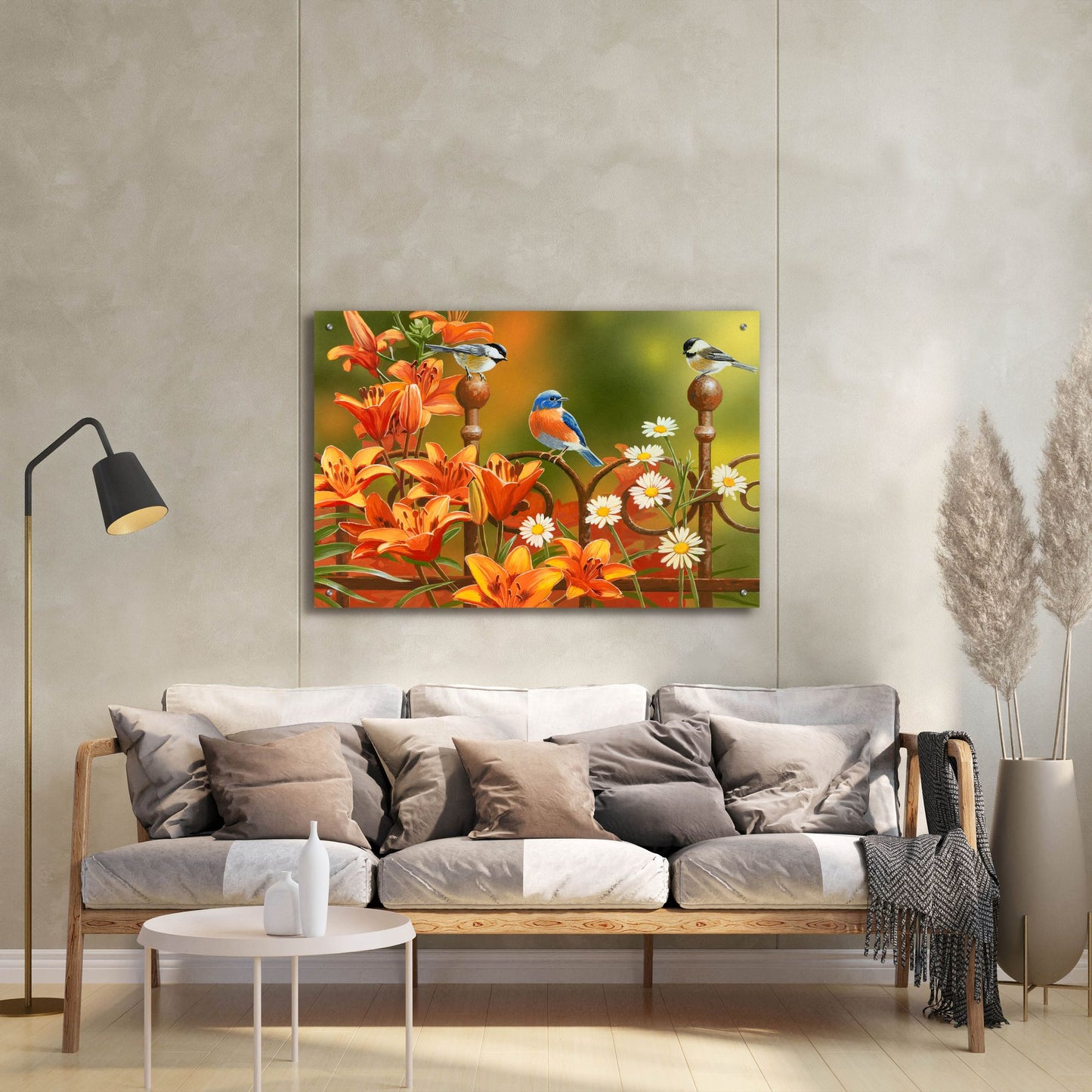 Epic Art 'Rusty Fence and Lilies' by William Vanderdasson, Acrylic Glass Wall Art,36x24