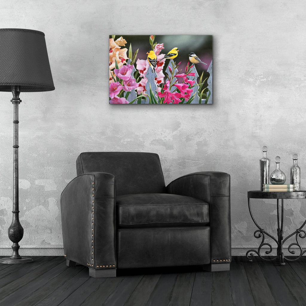 Epic Art 'Feathered Friends and Gladiolus' by William Vanderdasson, Acrylic Glass Wall Art,24x16
