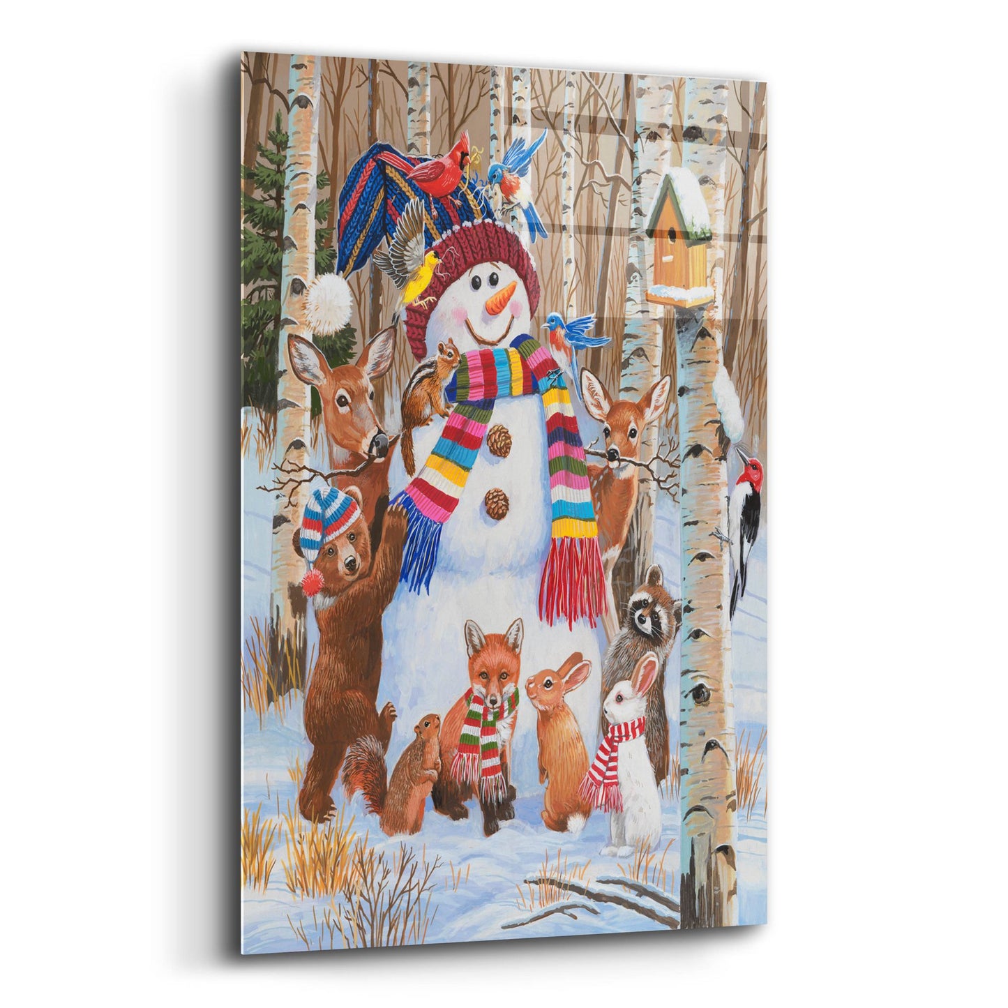 Epic Art 'Forest Animals Decorating Snowman' by William Vanderdasson, Acrylic Glass Wall Art,12x16